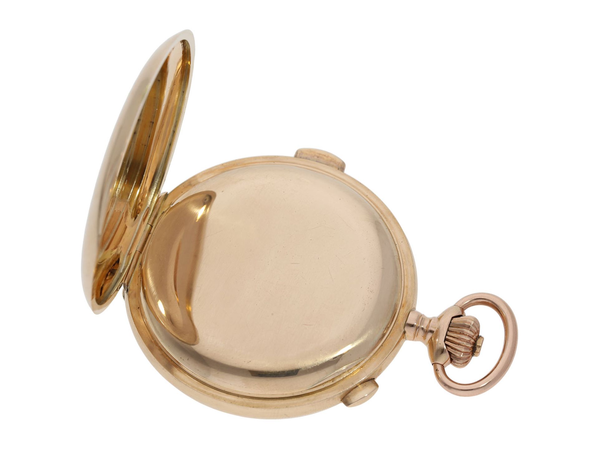 Pocket watch: especially large and heavy Swiss gold hunting case minute repeater with chronograph, - Bild 5 aus 9