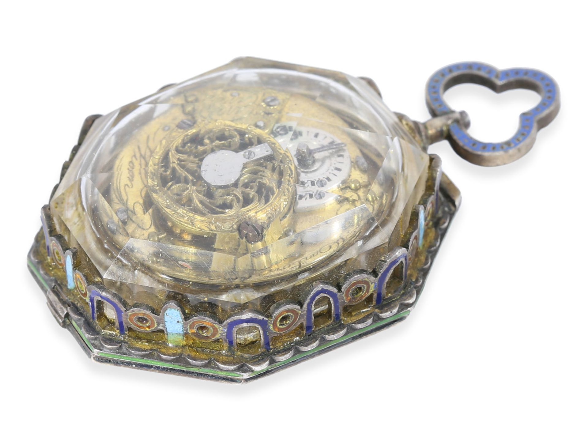 Pendant watch: octagonal enamelled rock crystal pendant watch, Anton Fichs in Vienna, ca.1800Ca. - Bild 6 aus 6