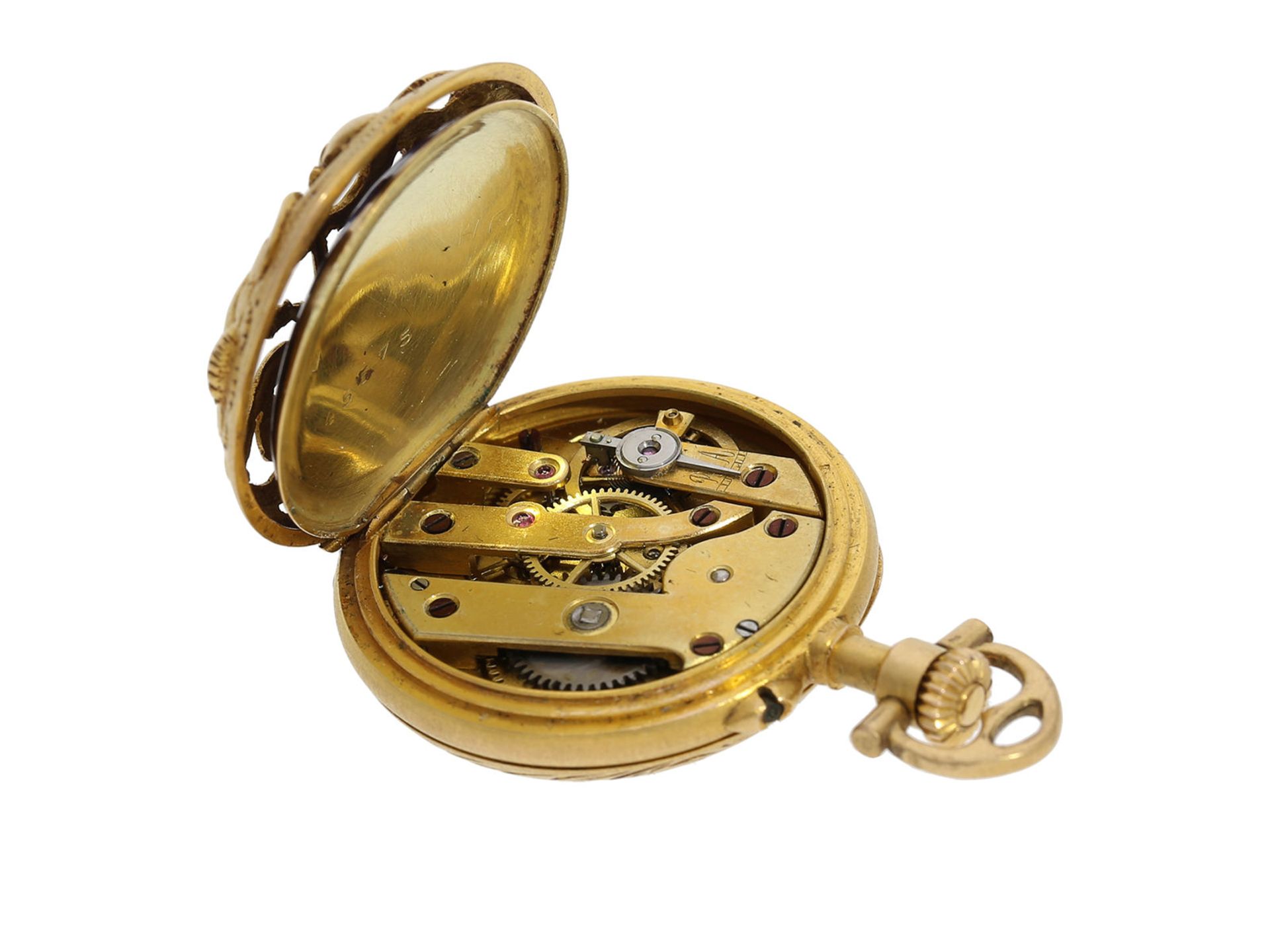 Pendant watch/ brooch: extremely beautiful Le Coultre gold/ enamel Art Nouveau lady's watch with - Bild 9 aus 10