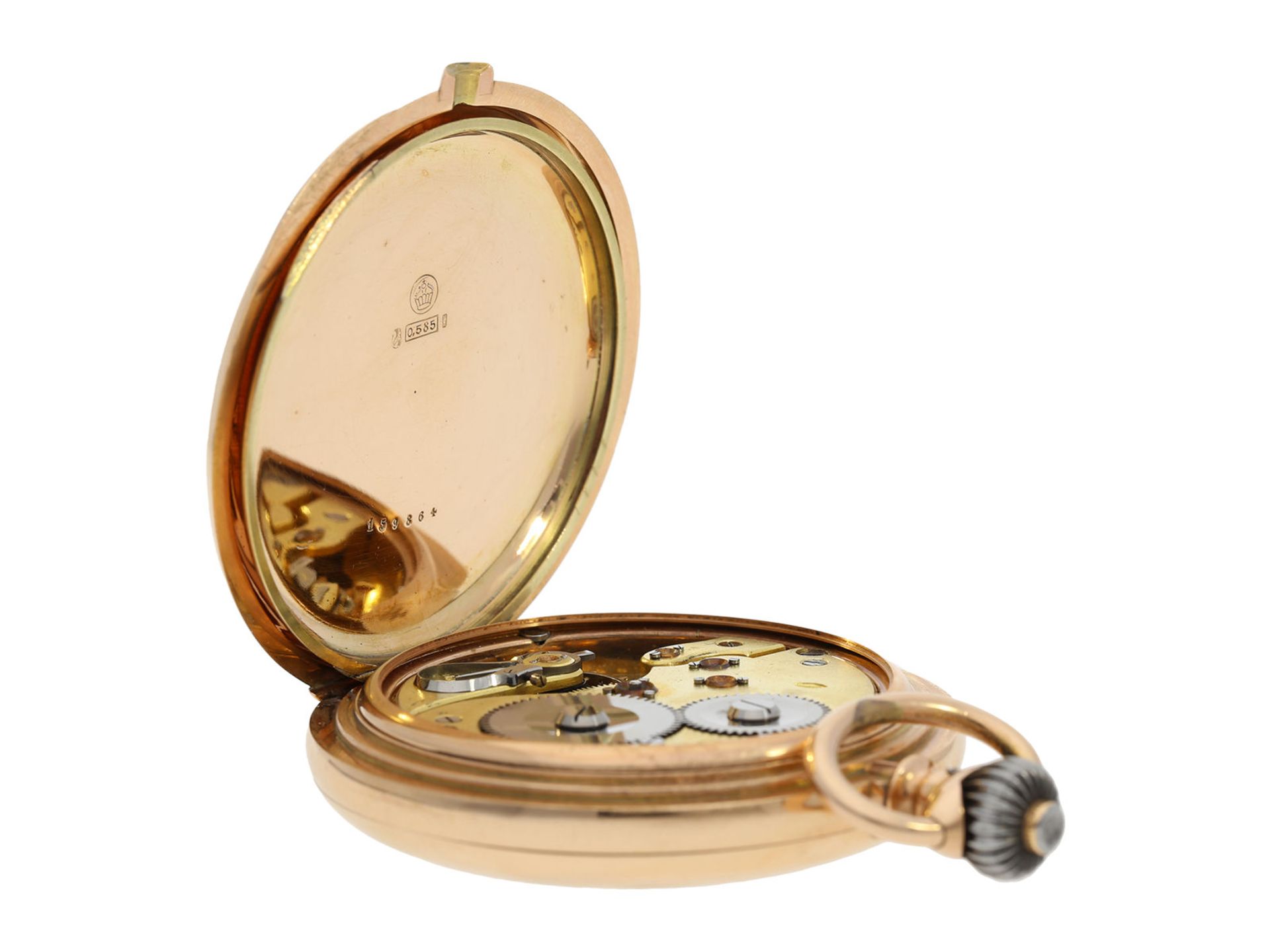 Pocket watch: particularly heavy and large, early pink gold hunting case watch, IWC Schaffhausen, - Bild 4 aus 6