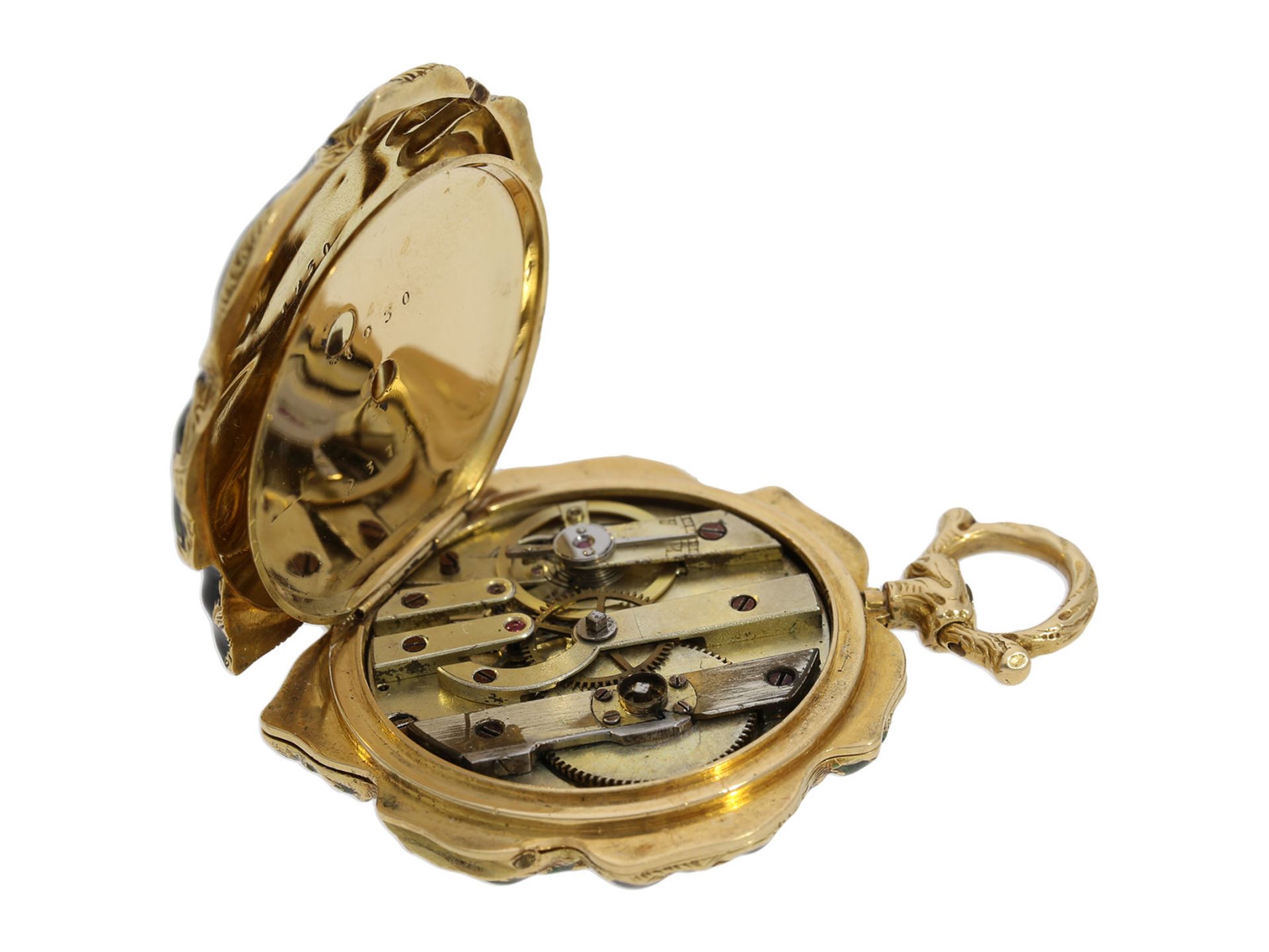 Form watch/ pendant watch: extremely rare gold/ enamel form watch with diamond setting "vine leaf, - Bild 8 aus 8