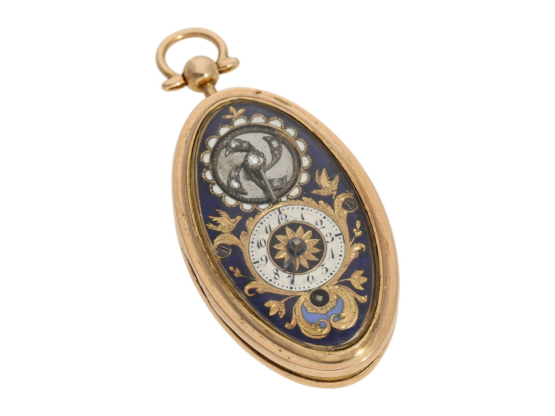 Pendant watch: oval miniature gold/ enamel pendant watch with diamond-set balance, attributed to - Bild 4 aus 11