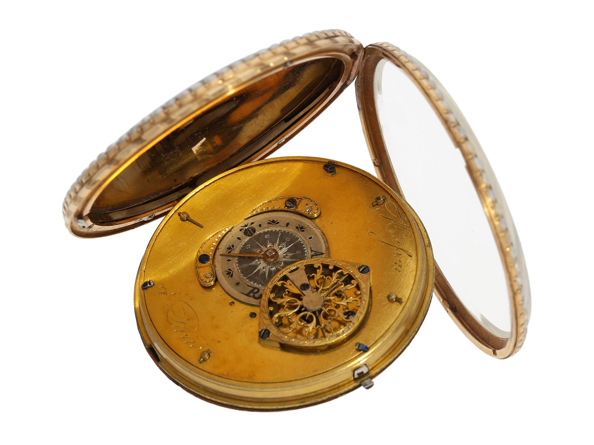 Pocket watch: large and very fine gold/ enamel verge watch set with pearls on both sides and - Bild 4 aus 7