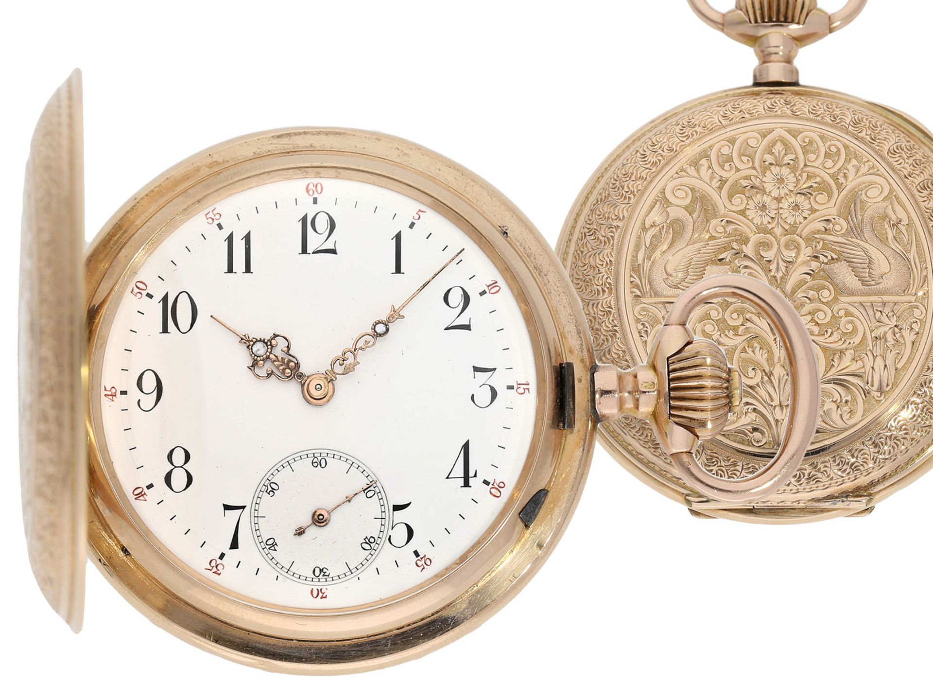 Pocket watch: extremely decorative pink gold splendour hunting case watch with Renaissance case,