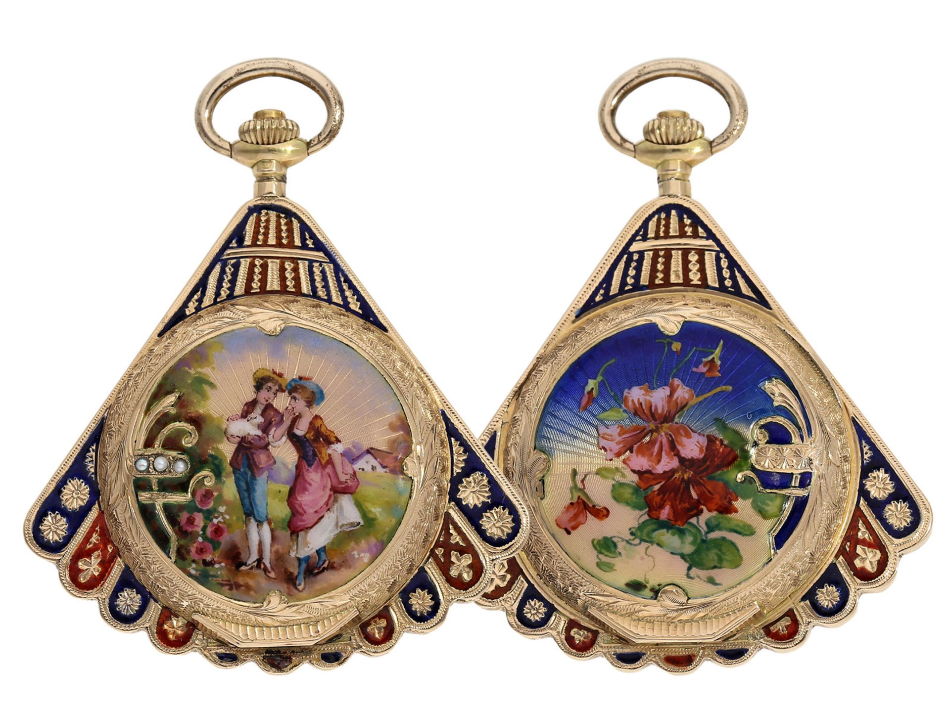 Pocket watch/ pendant watch: magnificent and very rare gold/ enamel form watch with enamel