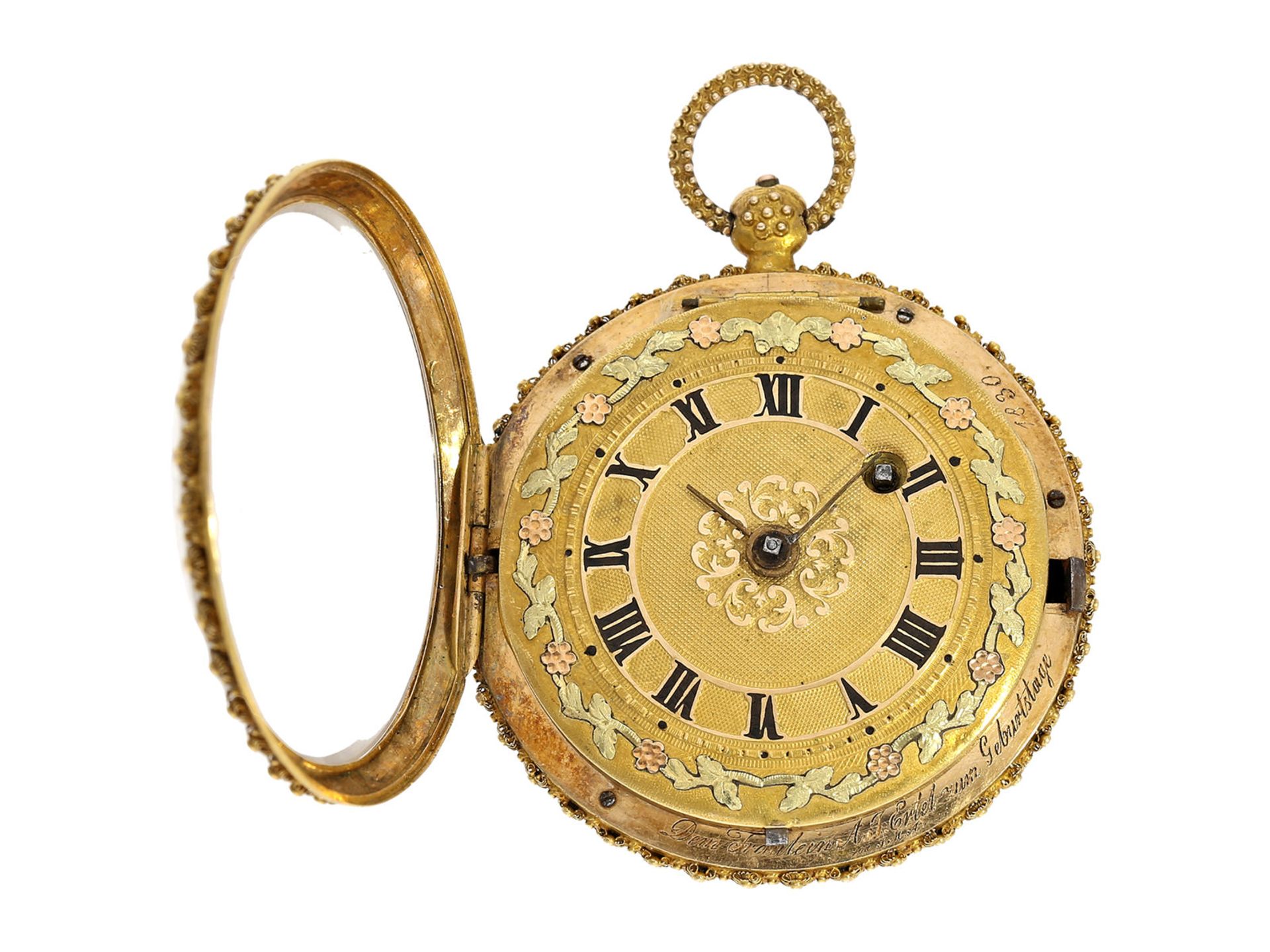 Pocket watch: gold splendour verge watch with special case decoration and very fine enamel - Bild 2 aus 6