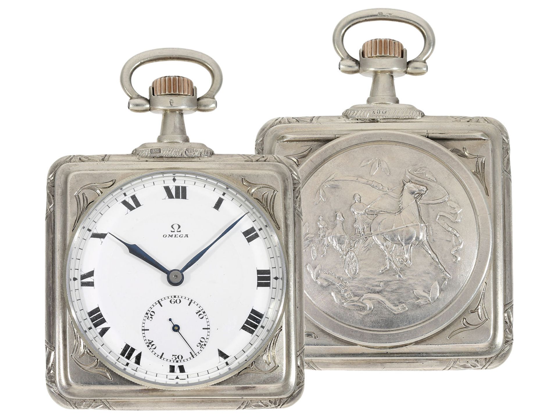 Pocket watch: very rare square Art Nouveau Omega pocket watch, silver, ca. 1900