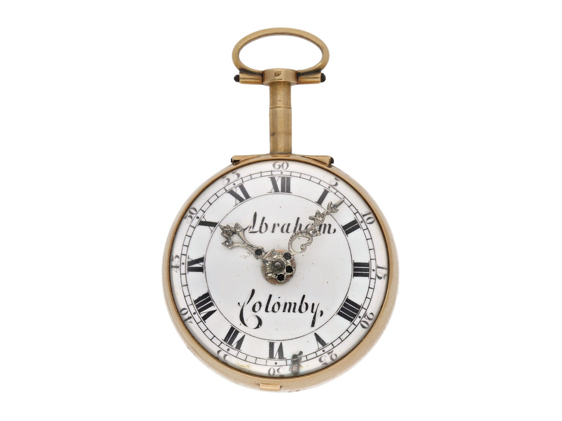 Pocket watch: museum-like and only known to us Abraham Colomby gold/ enamel verge watch with - Bild 4 aus 8