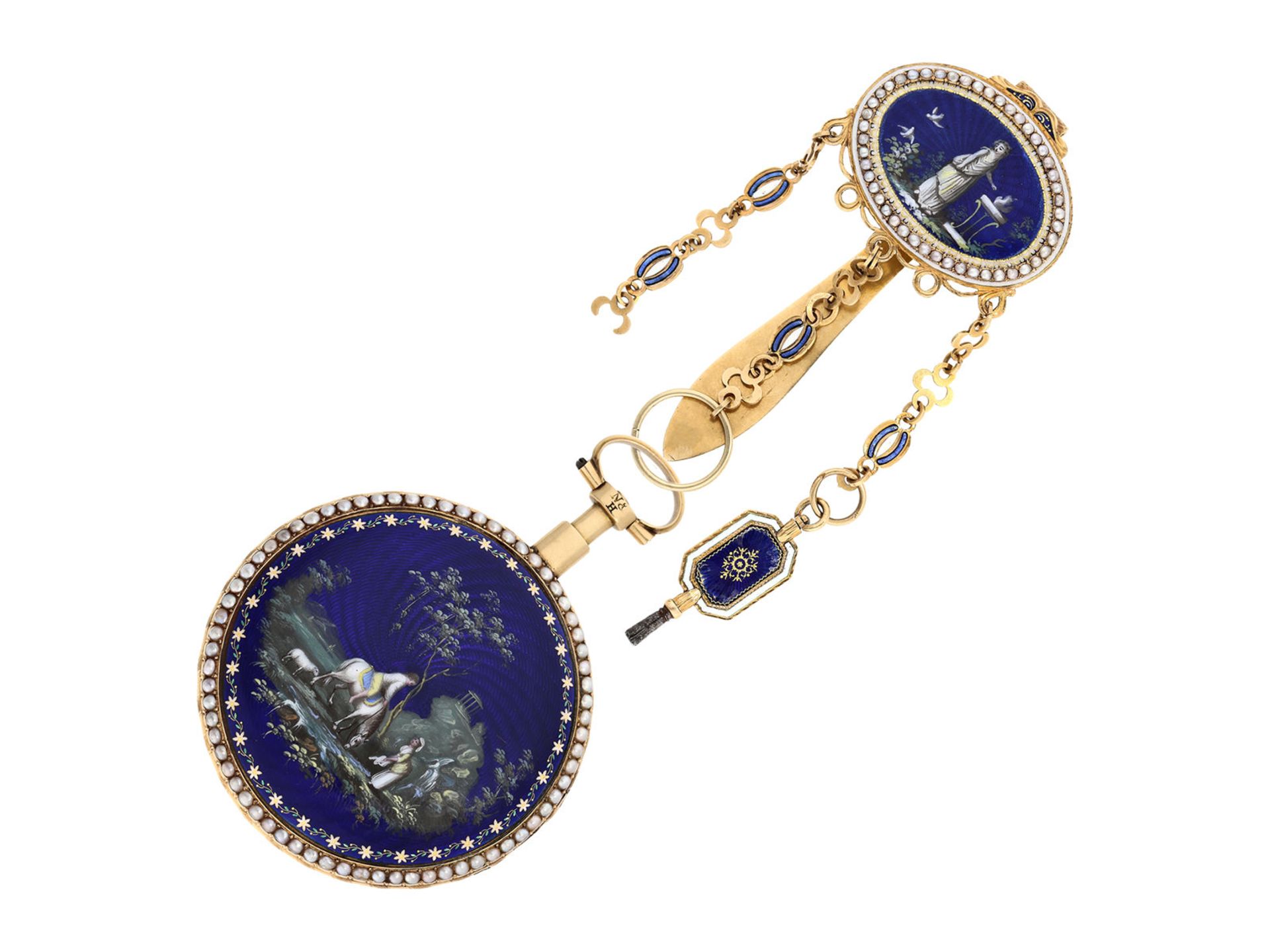 Pocket watch: large and very fine gold/ enamel verge watch set with pearls on both sides and