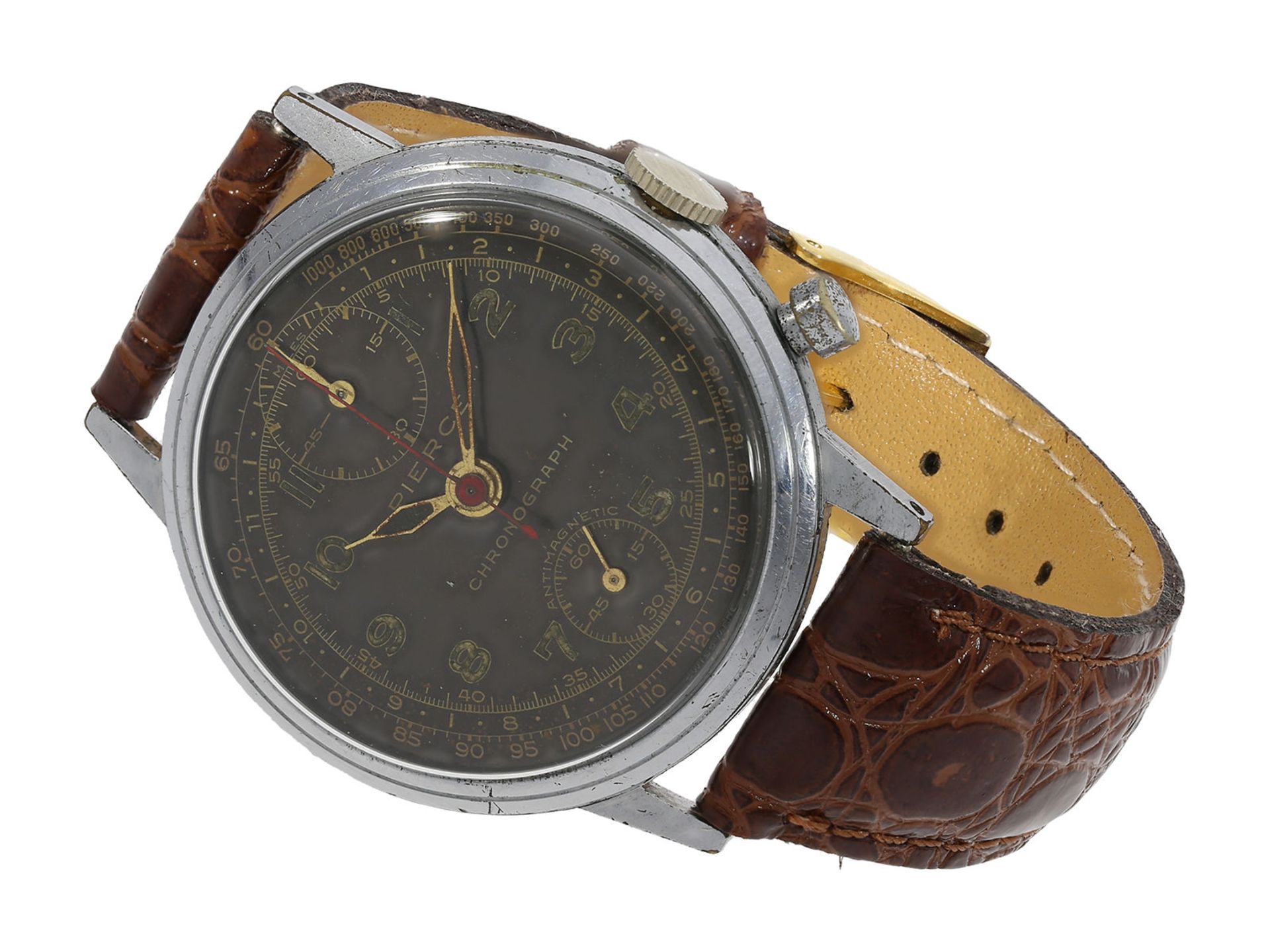 Wristwatch: very early, large antimagnetic chronograph with black dial, Pierce Patented, No.