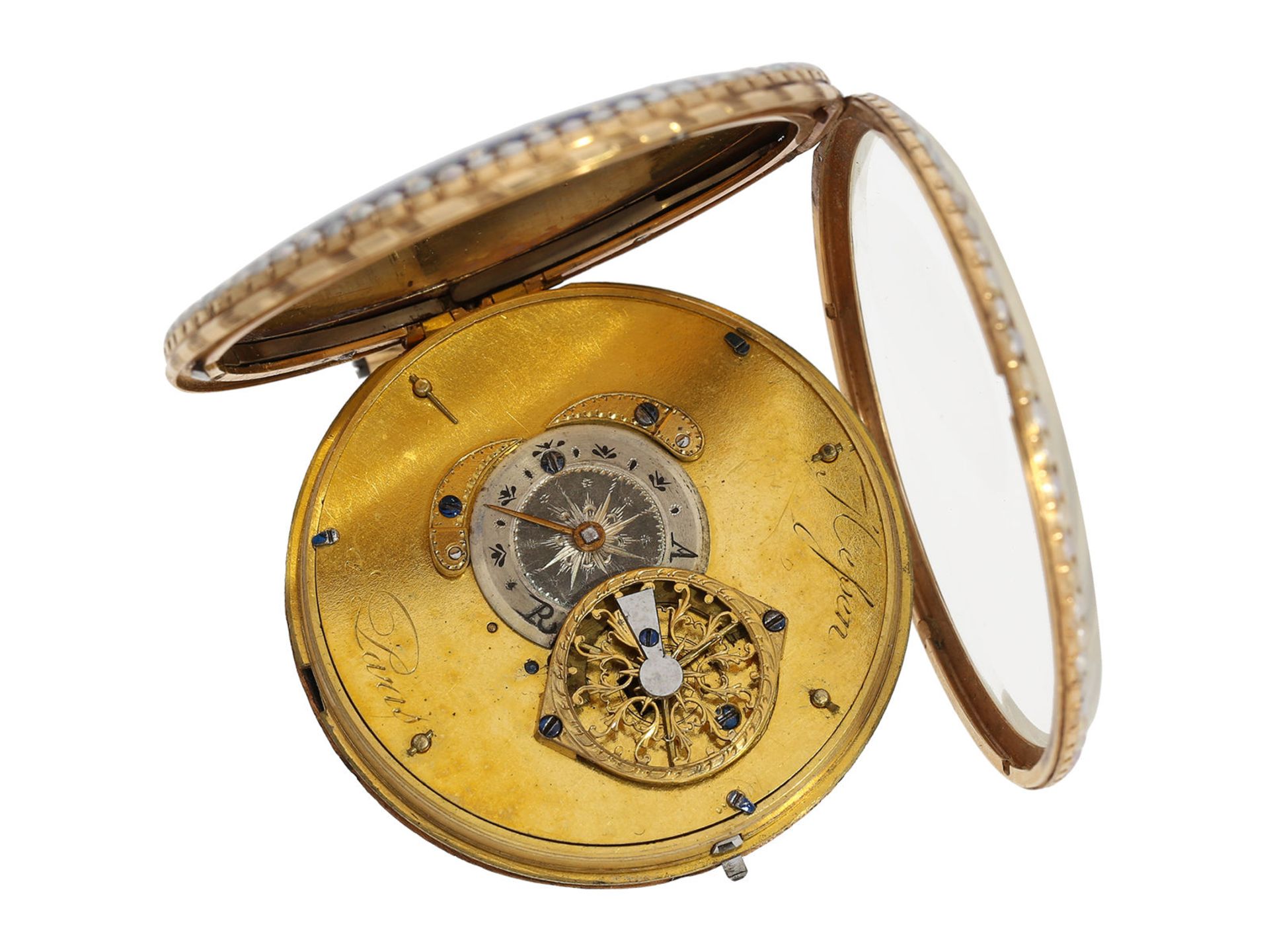 Pocket watch: large and very fine gold/ enamel verge watch set with pearls on both sides and - Bild 5 aus 7