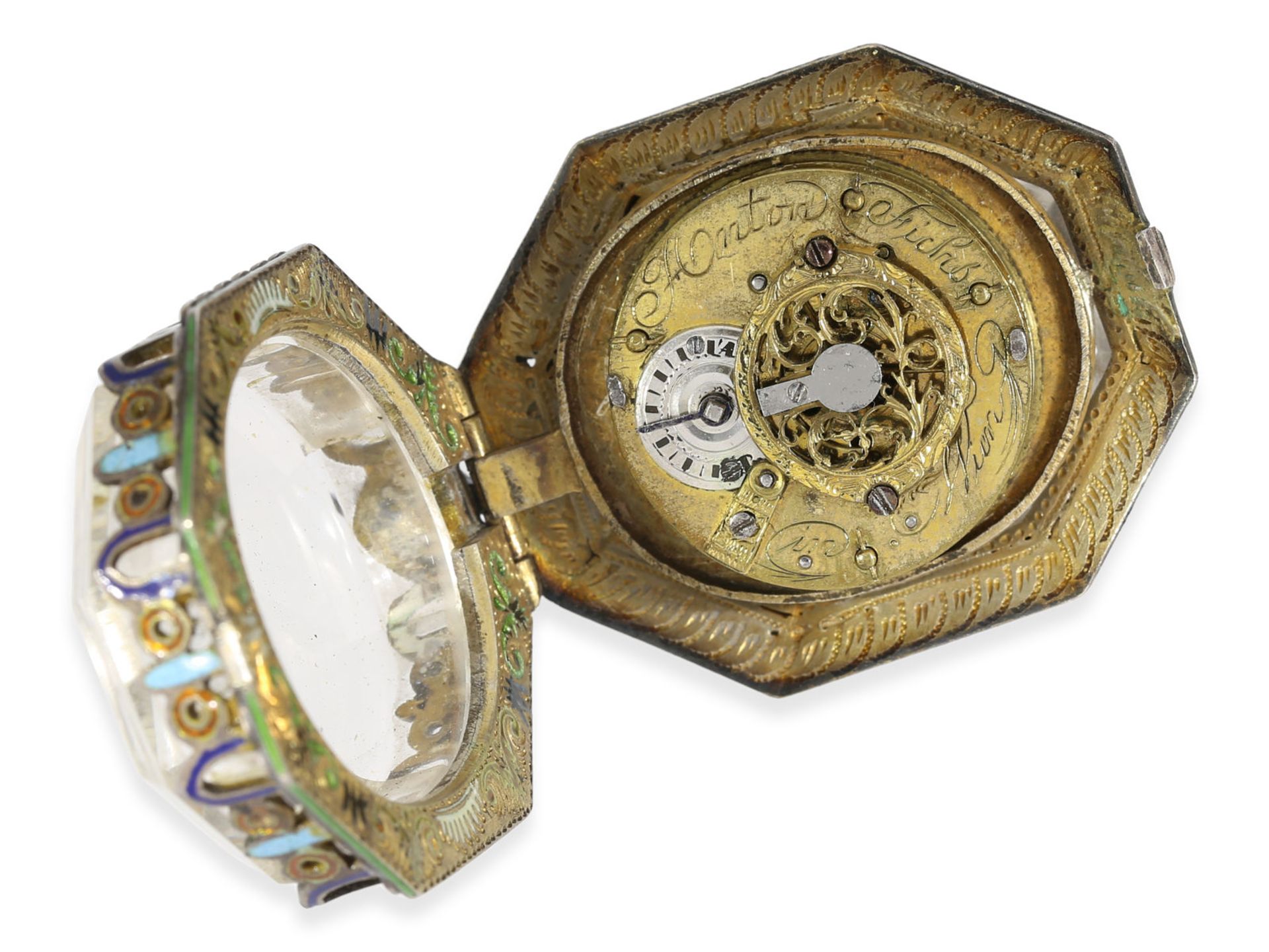 Pendant watch: octagonal enamelled rock crystal pendant watch, Anton Fichs in Vienna, ca.1800Ca. - Bild 4 aus 6