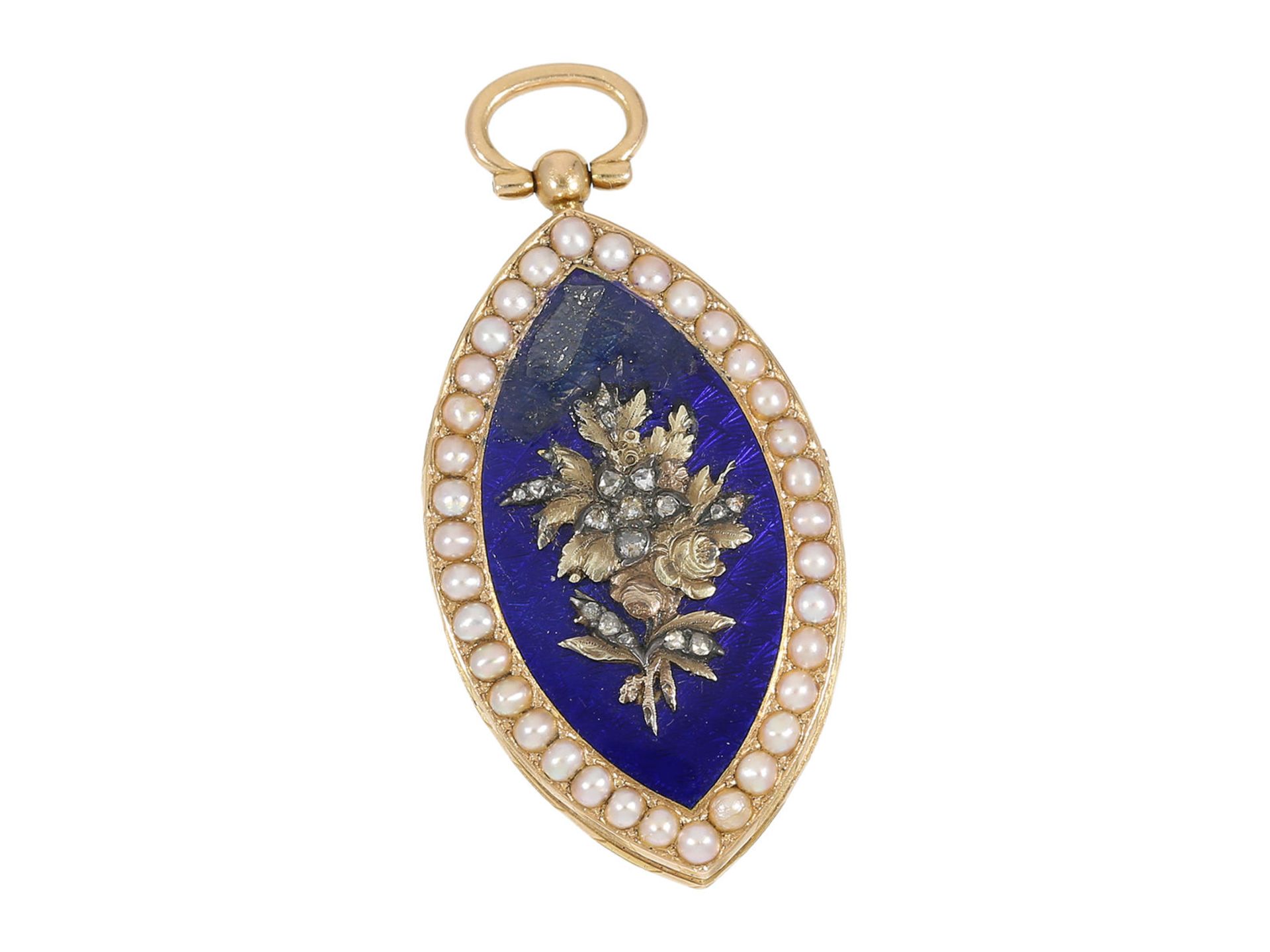 Pendant watch: exceptionally large gold/ enamel museum-like pendant watch with pearl and diamond - Bild 4 aus 8