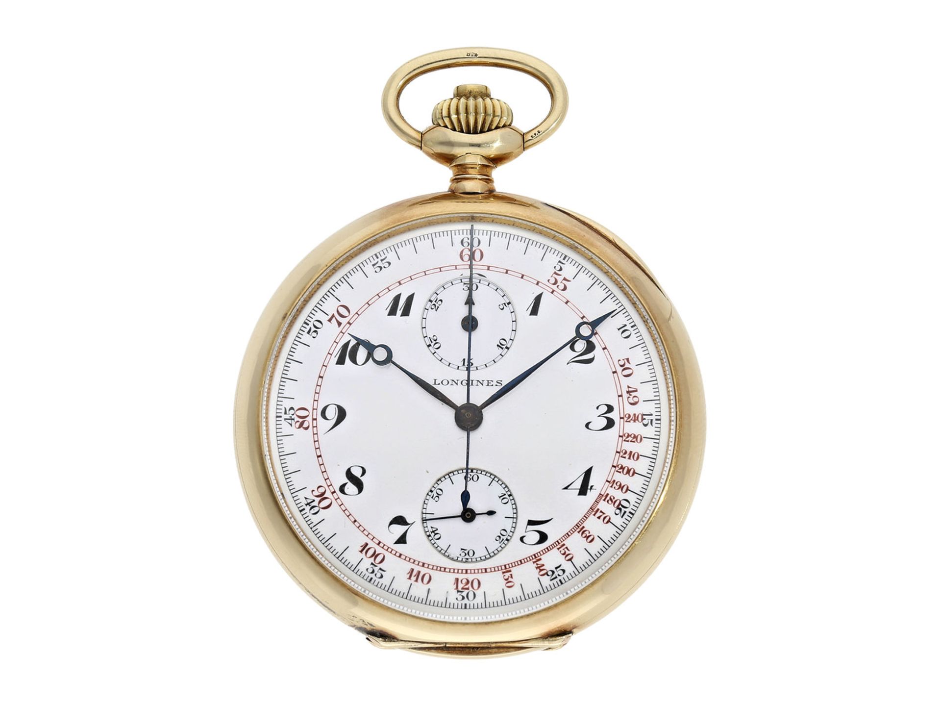 Pocket watch: fine gold Longines chronograph with red tachymeter scale and original box, ca. 1925Ca.