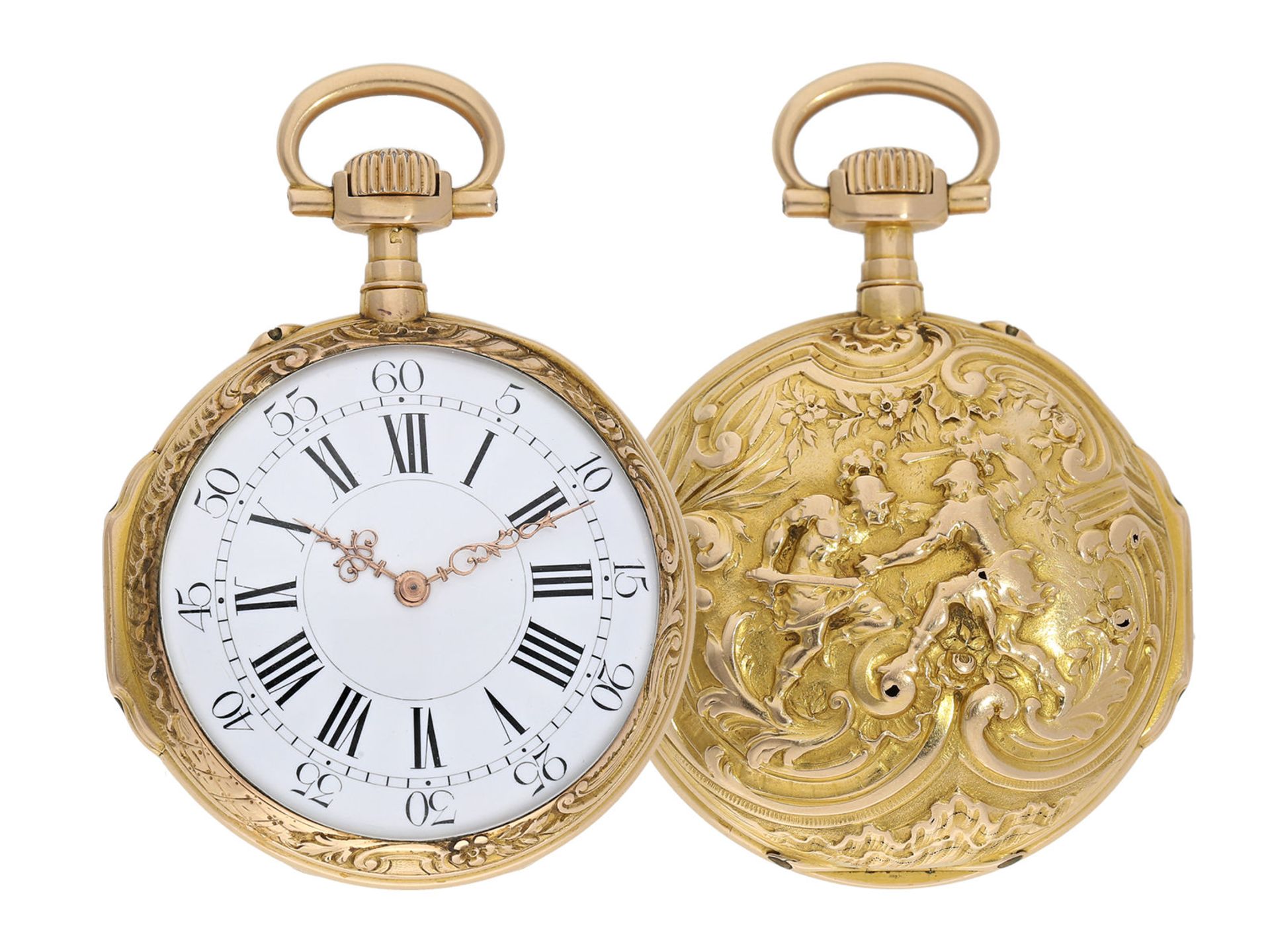 Pocket watch: high-quality Louis XV pocket watch with repousse case, very rare pocket watch, Chaudé,