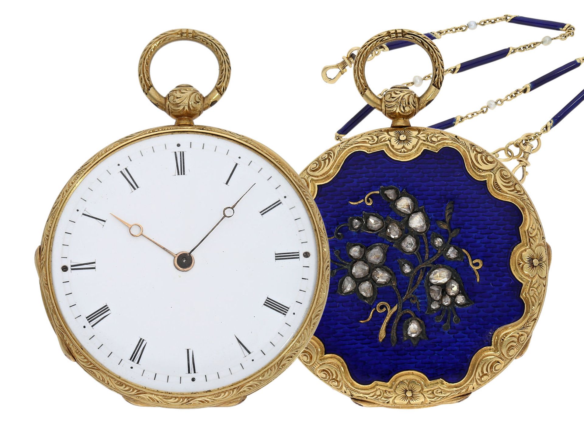 Pocket watch/ pendant watch: elegant gold/ enamel lady's Lepine with diamond setting and original