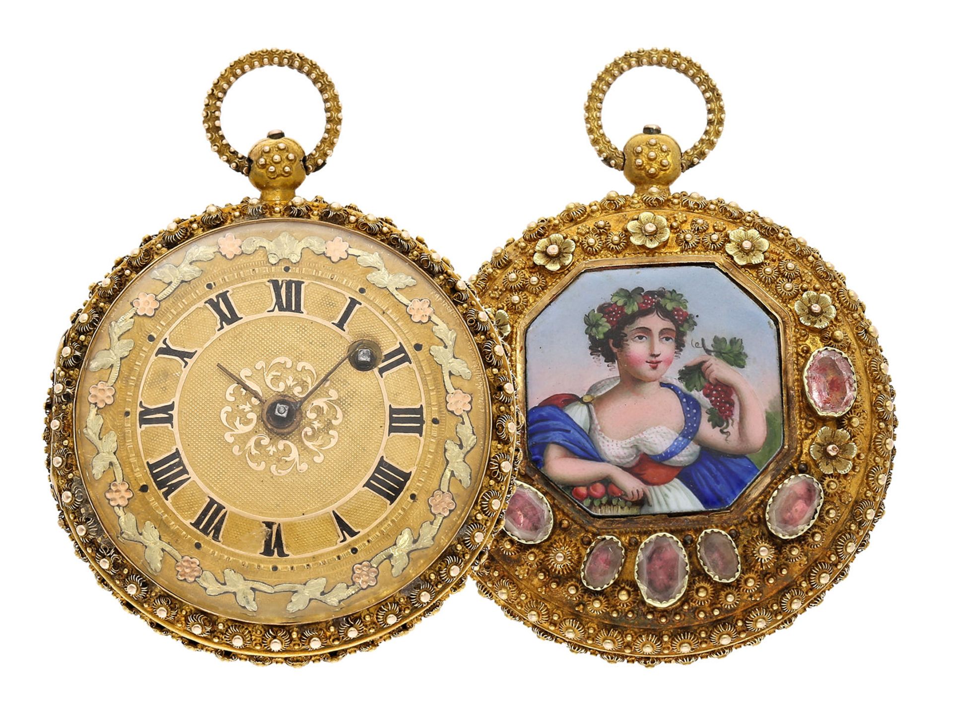 Pocket watch: gold splendour verge watch with special case decoration and very fine enamel