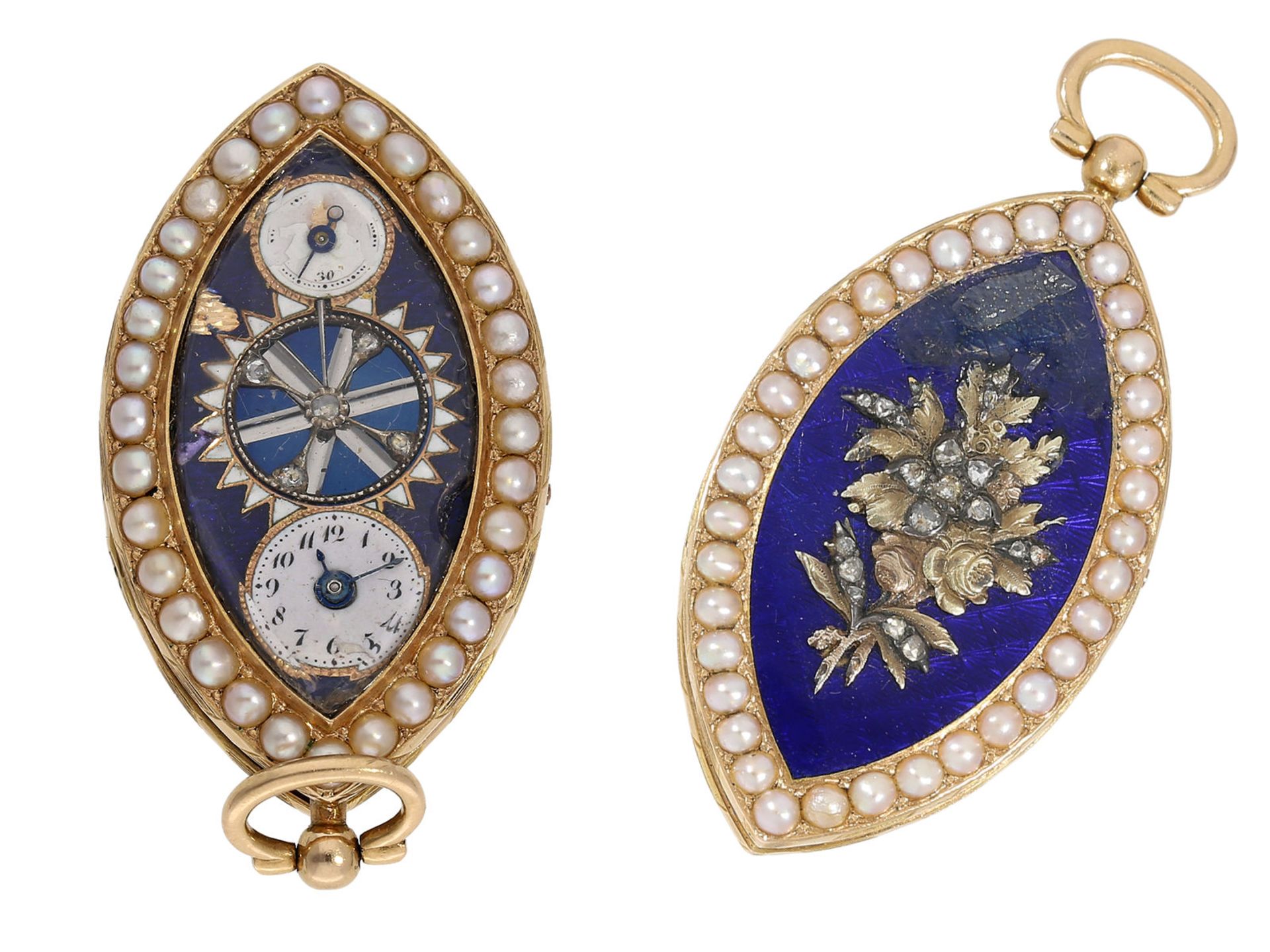 Pendant watch: exceptionally large gold/ enamel museum-like pendant watch with pearl and diamond