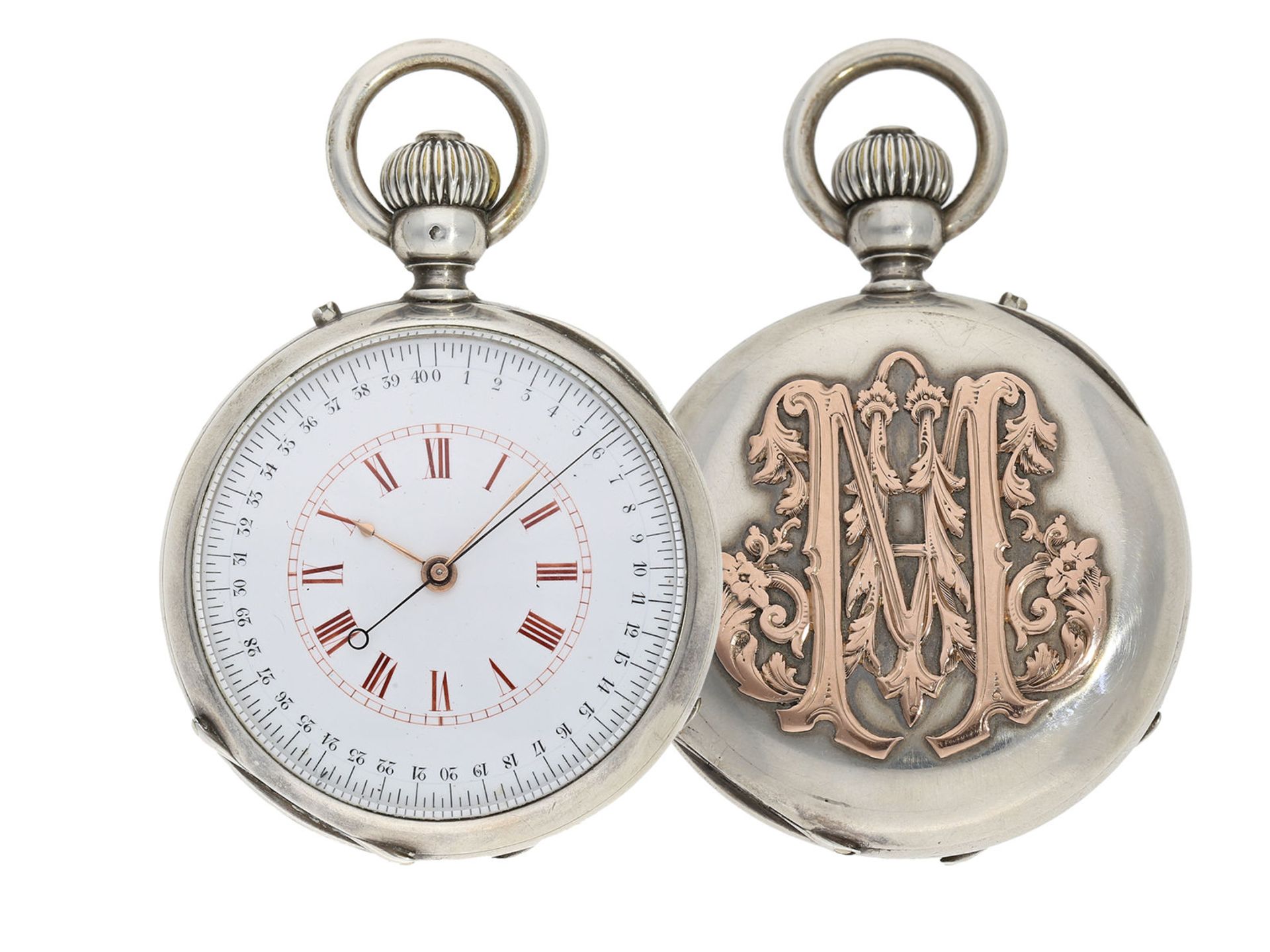 Pocket watch: extremely rare and mysterious very fine quality chronograph with original box, gold/