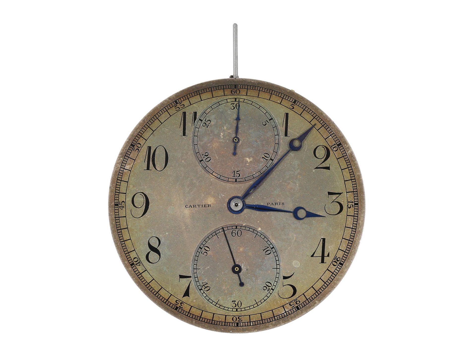 Pocket watch: movement of an extremely rare, super thin Cartier chronograph with register,