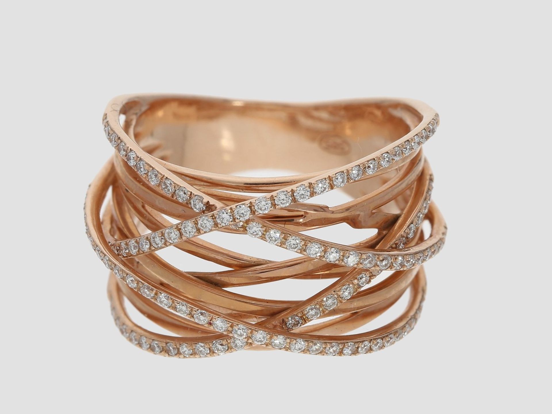 Ring: kreativ gestalteter Brillant-Goldschmiedering in Roségold, ca. 0,39ct, ungetragen< - Bild 2 aus 2