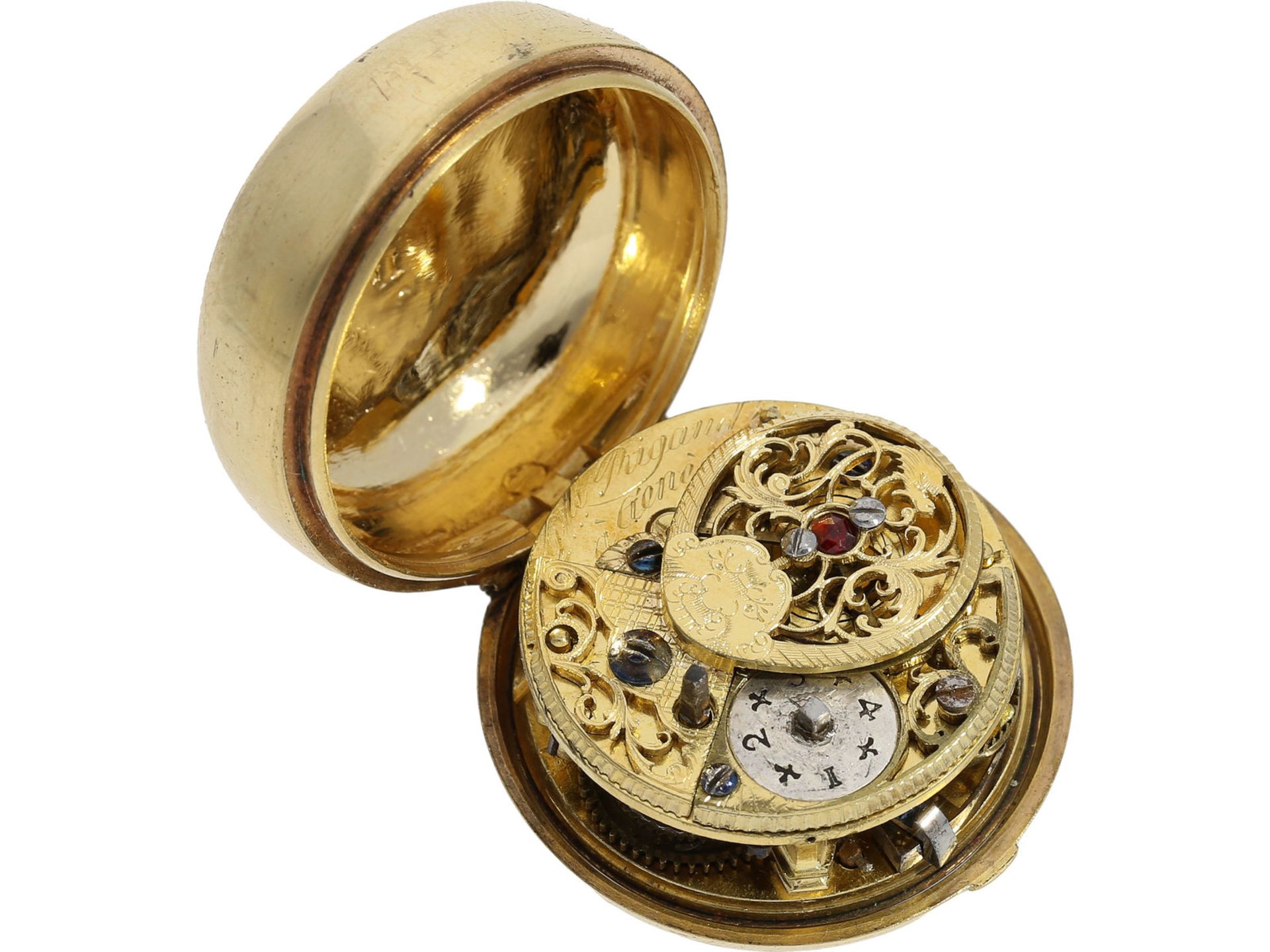 Taschenuhr: frühe Genfer Doppelgehäuse Spindeluhr mit Emaille-Malerei und Steinbesatz, Rigaud Geneve - Image 4 of 9