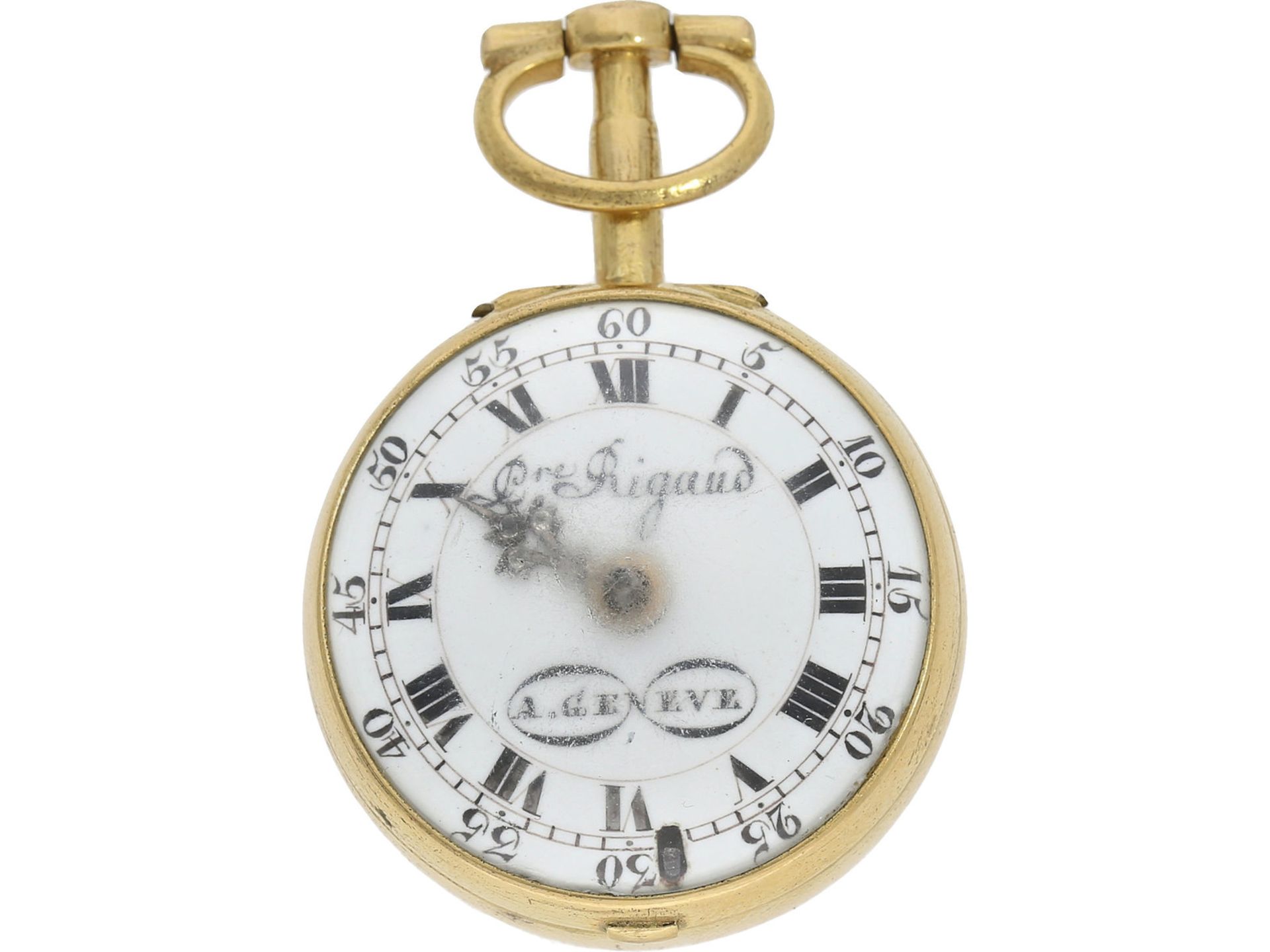 Taschenuhr: frühe Genfer Doppelgehäuse Spindeluhr mit Emaille-Malerei und Steinbesatz, Rigaud Geneve - Image 3 of 9