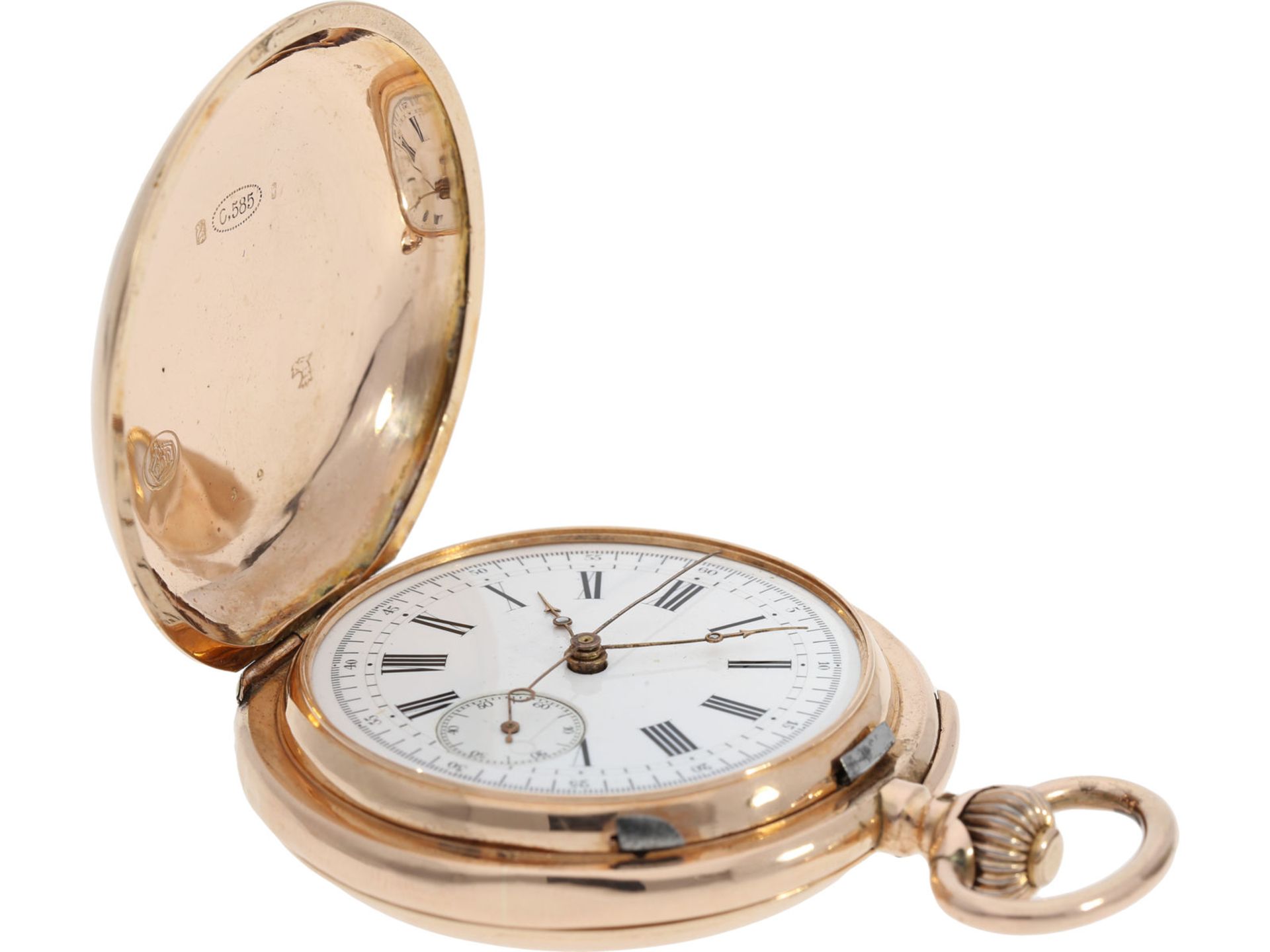 Taschenuhr: rotgoldene Savonnette mit Repetition und Chronograph, signiert A. Lugrin No.227139, - Bild 3 aus 9