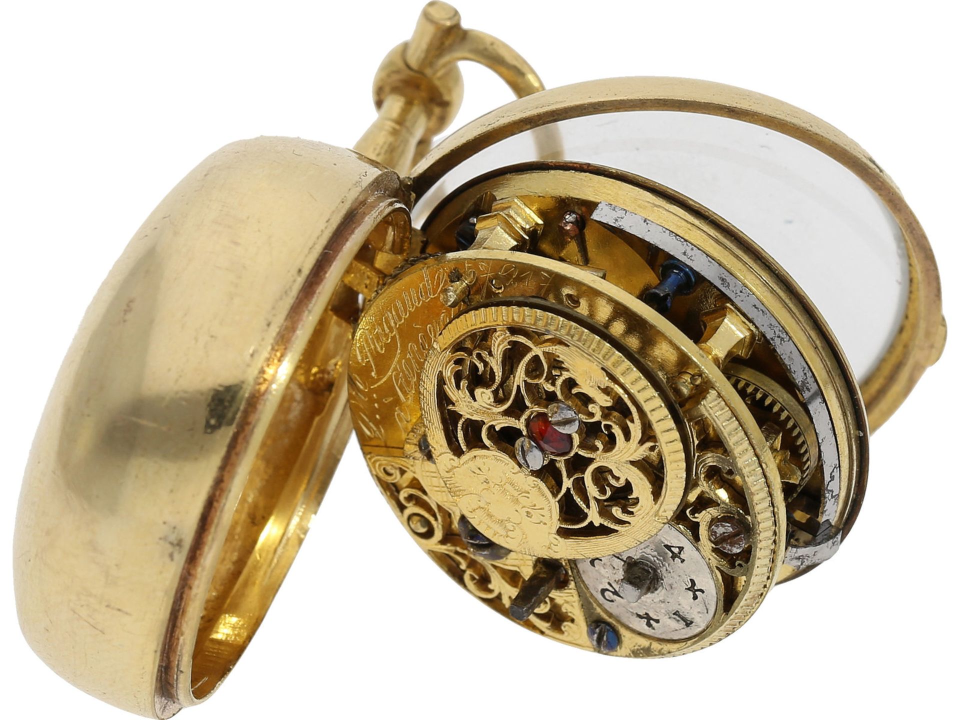 Taschenuhr: frühe Genfer Doppelgehäuse Spindeluhr mit Emaille-Malerei und Steinbesatz, Rigaud Geneve - Image 6 of 9