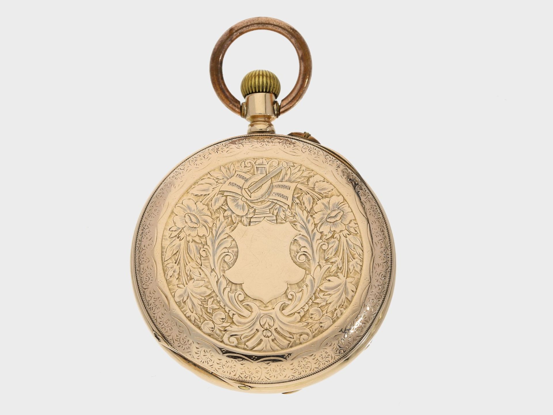 Taschenuhr: rotgoldene Taschenuhr, um 1880, prächtige Gehäusegravur, Genf, vermutlich für den - Bild 2 aus 4