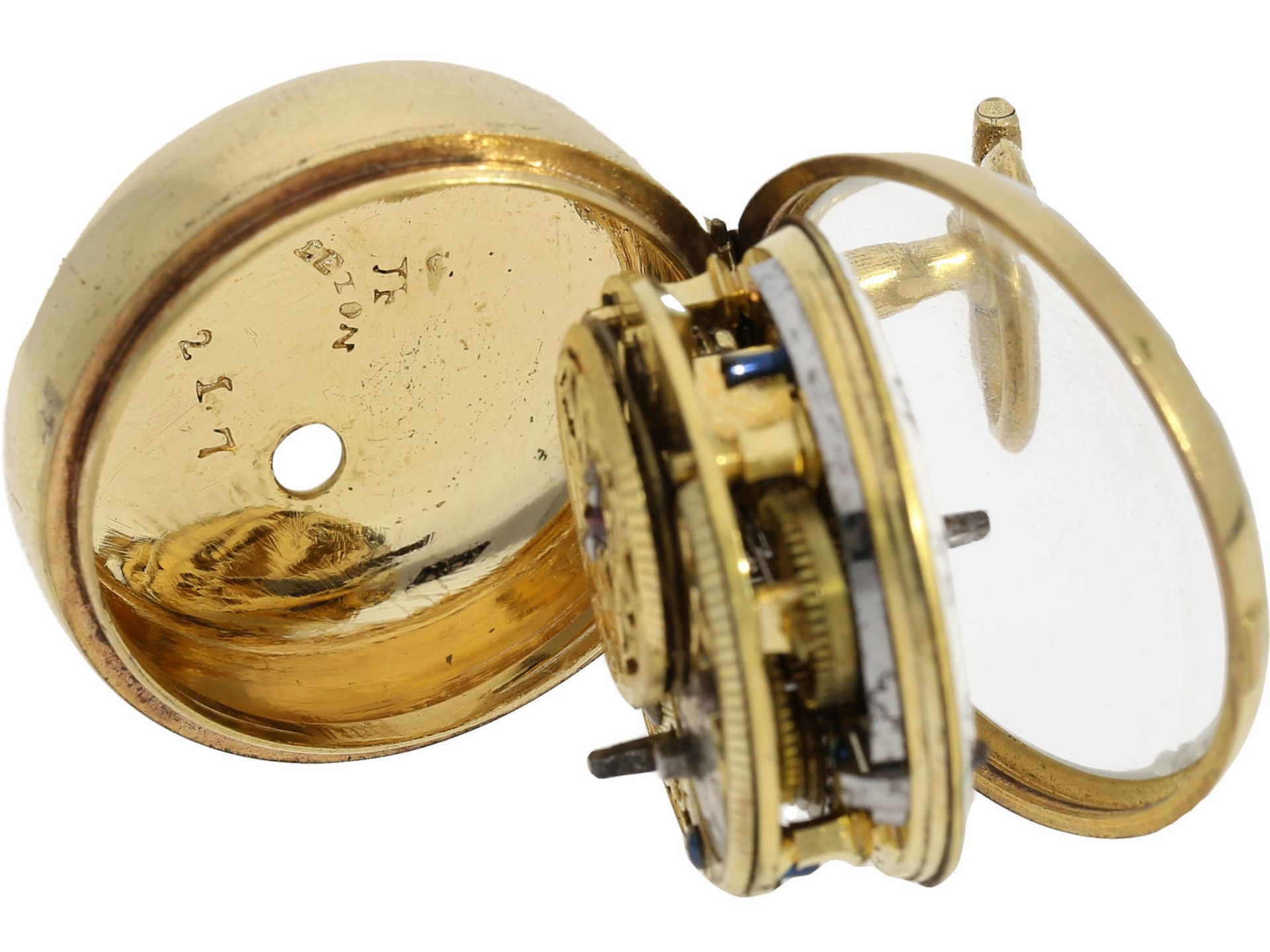 Taschenuhr: frühe Genfer Doppelgehäuse Spindeluhr mit Emaille-Malerei und Steinbesatz, Rigaud Geneve - Image 7 of 9