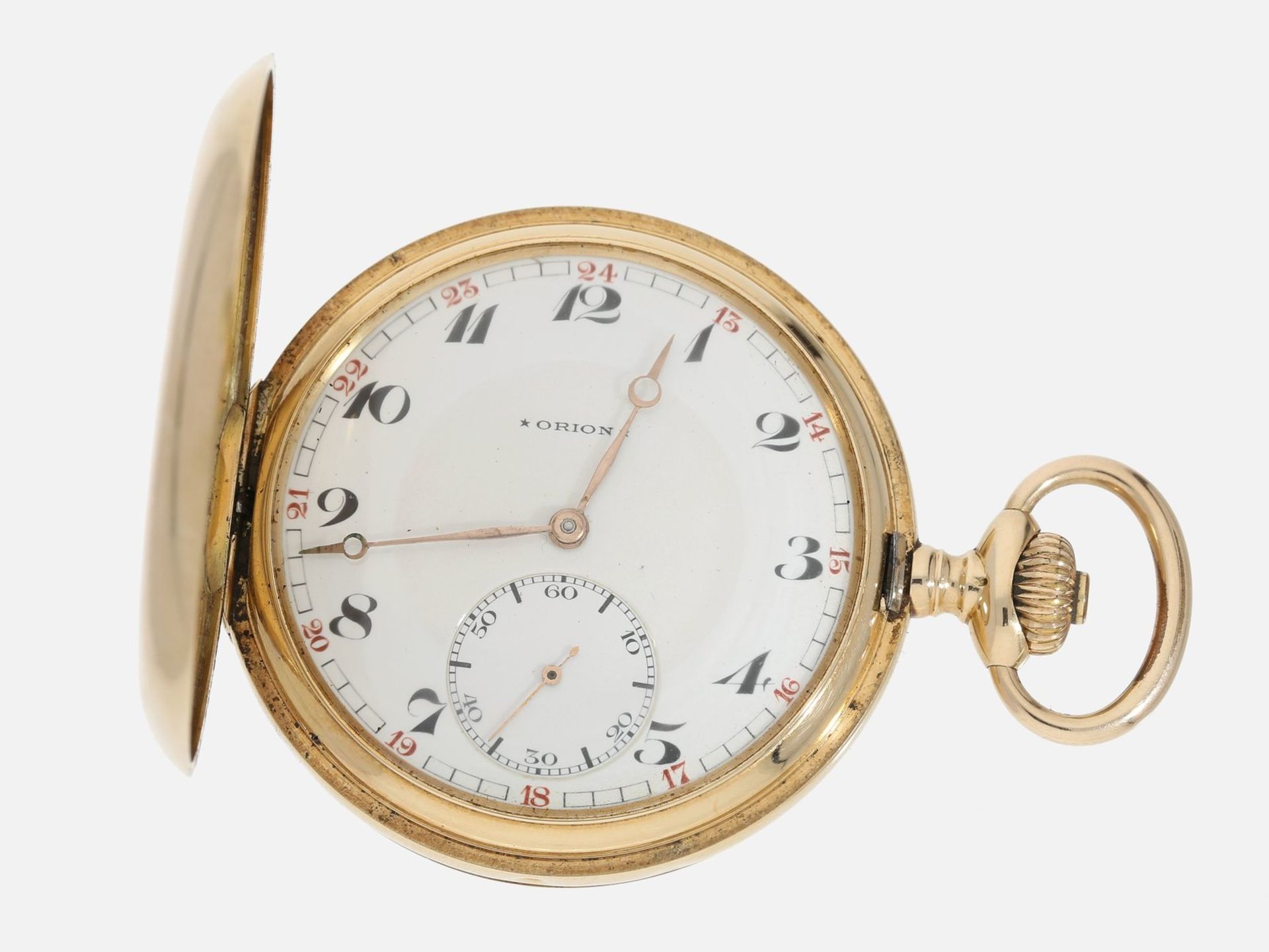 Taschenuhr: Goldsavonnette, um 1920, Marke Orion