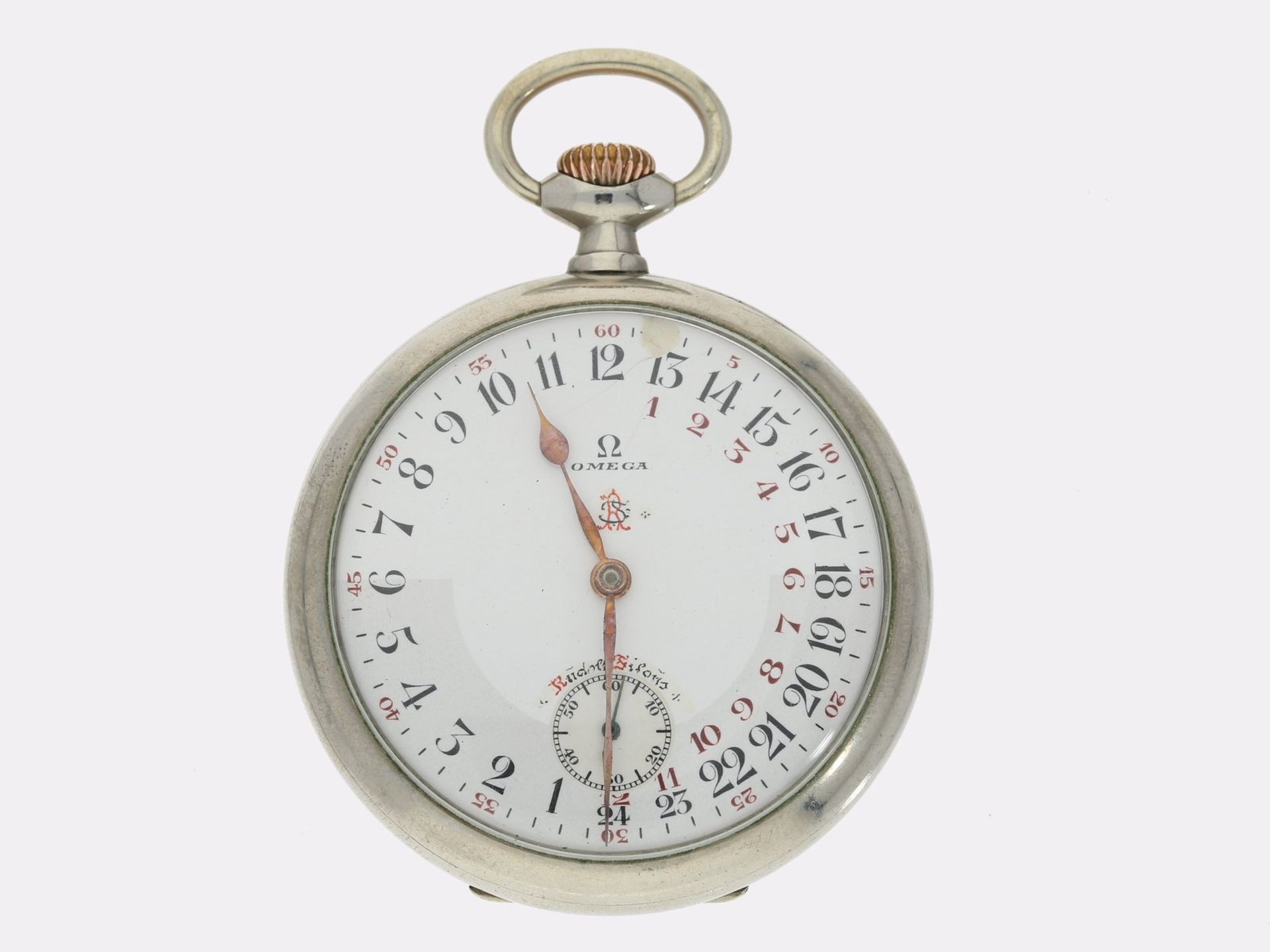 Taschenuhr: sehr seltene Omega Taschenuhr mit 24-h-Zifferblatt und Tag/Nachtanzeige, ca. 1930Ca.