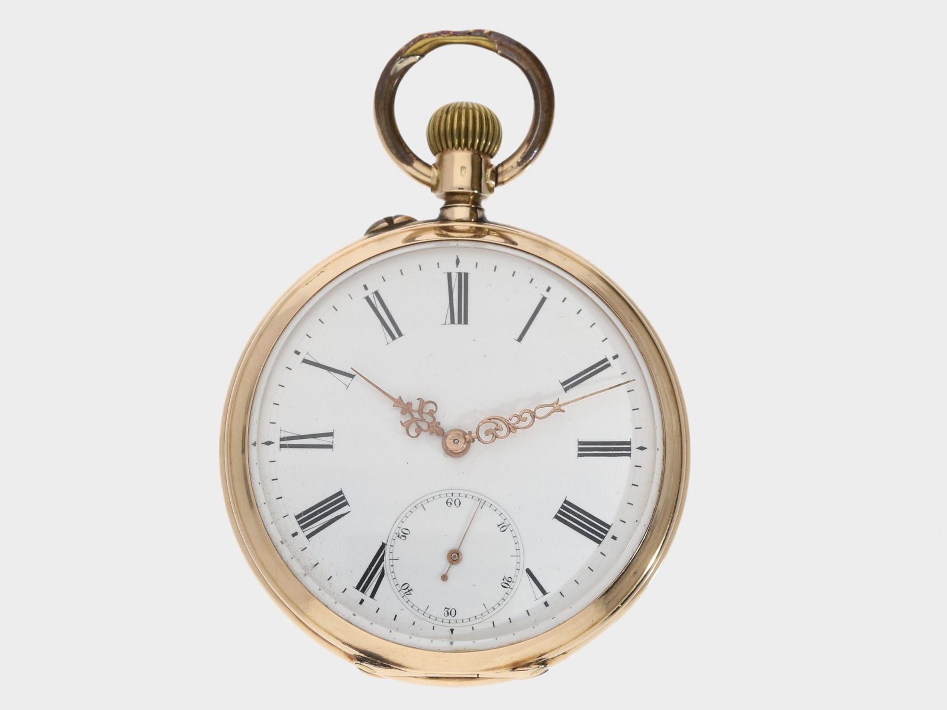 Taschenuhr: rotgoldene Taschenuhr, um 1885, Ankerchronometer