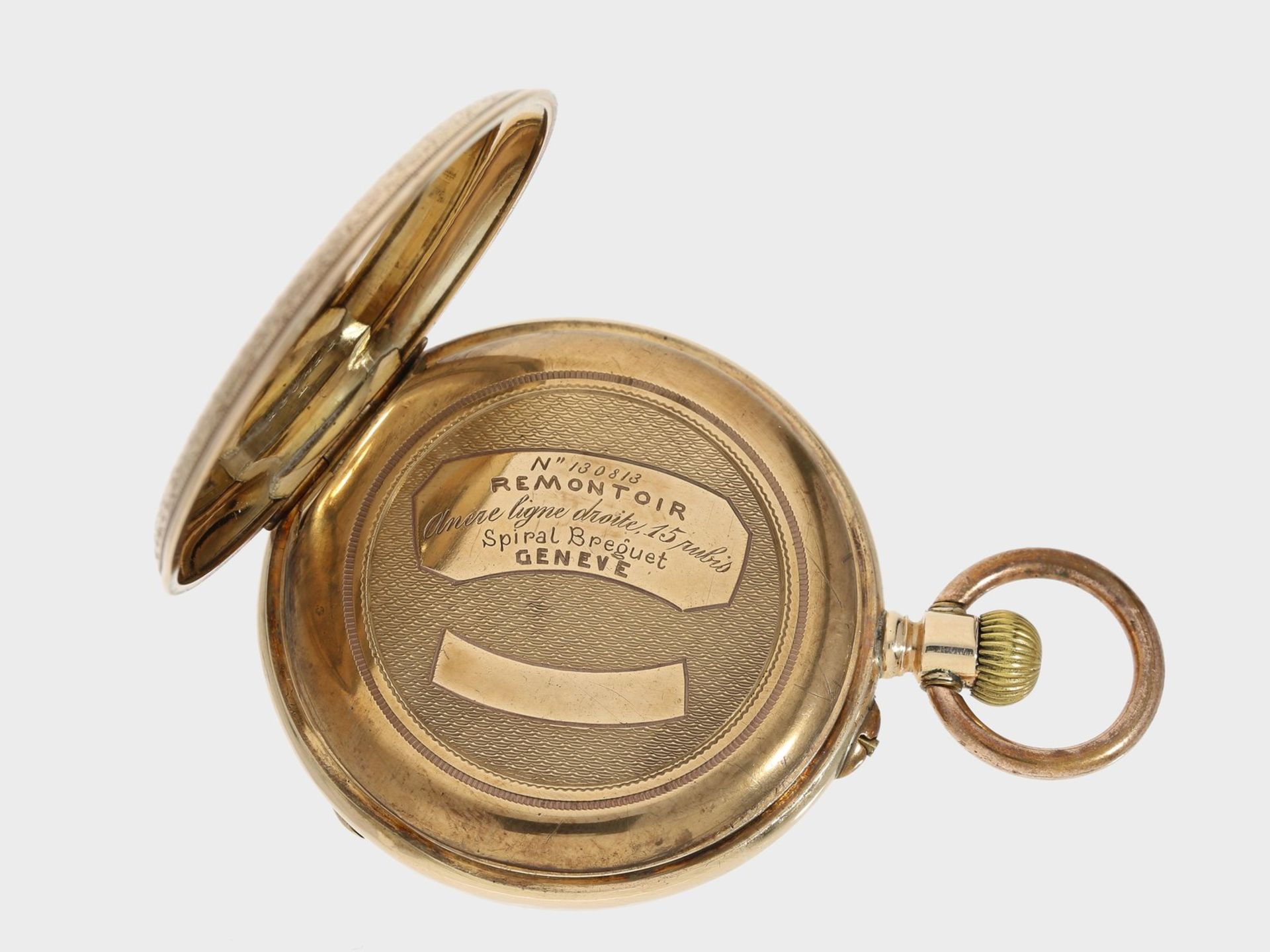 Taschenuhr: rotgoldene Taschenuhr, um 1880, prächtige Gehäusegravur, Genf, vermutlich für den - Bild 3 aus 4