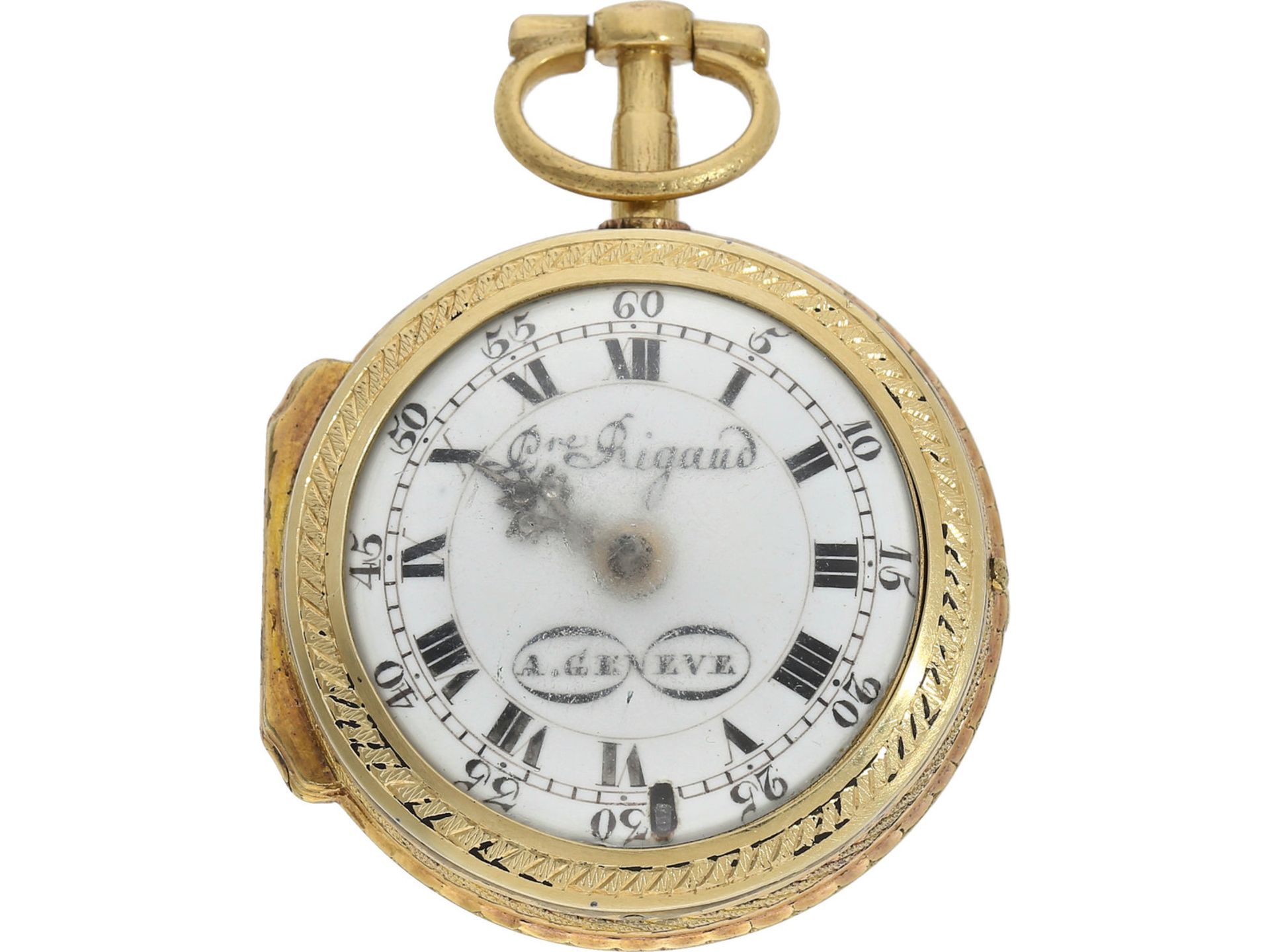 Taschenuhr: frühe Genfer Doppelgehäuse Spindeluhr mit Emaille-Malerei und Steinbesatz, Rigaud Geneve - Image 2 of 9