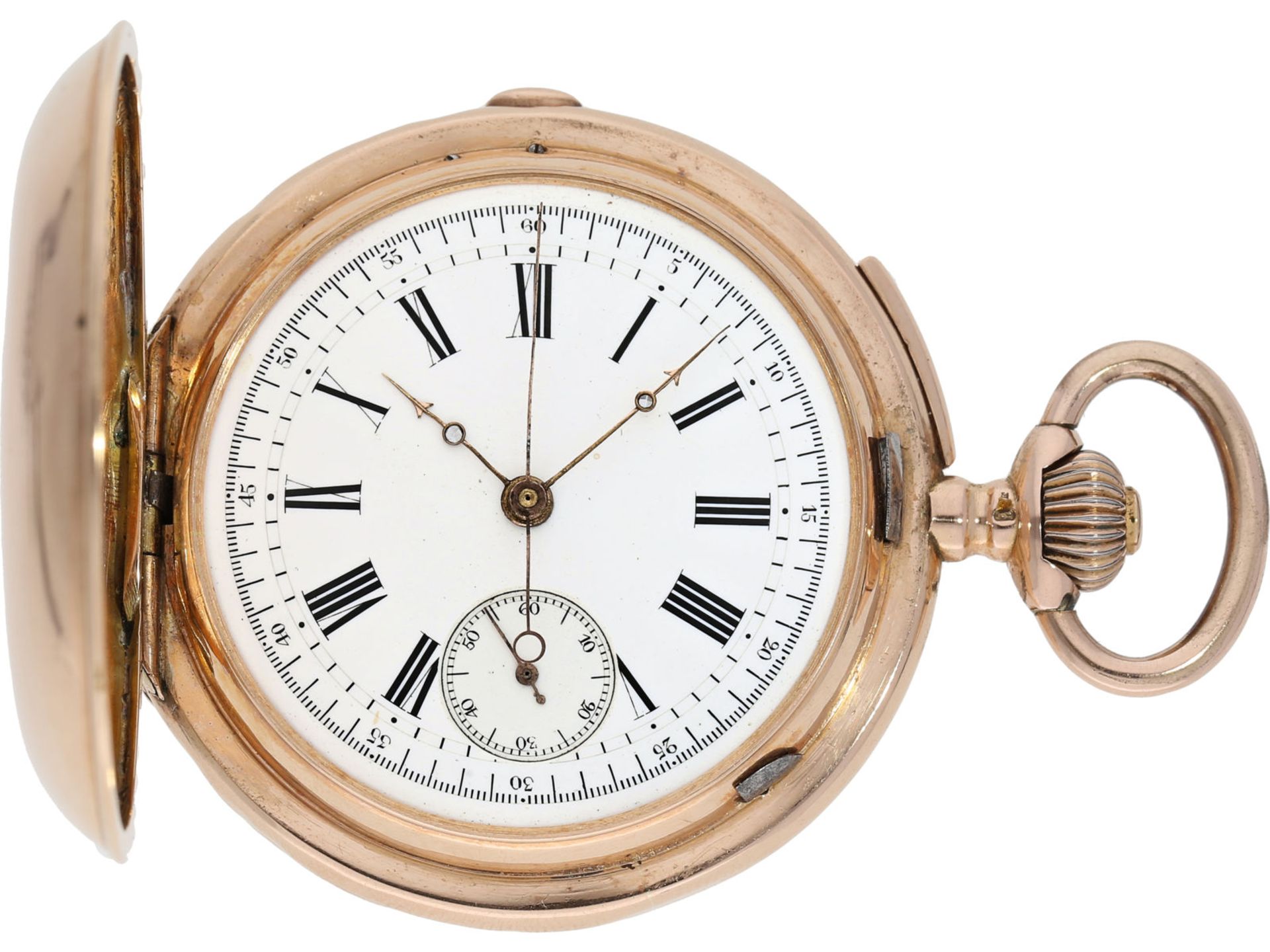 Taschenuhr: rotgoldene Savonnette mit Repetition und Chronograph, signiert A. Lugrin No.227139,