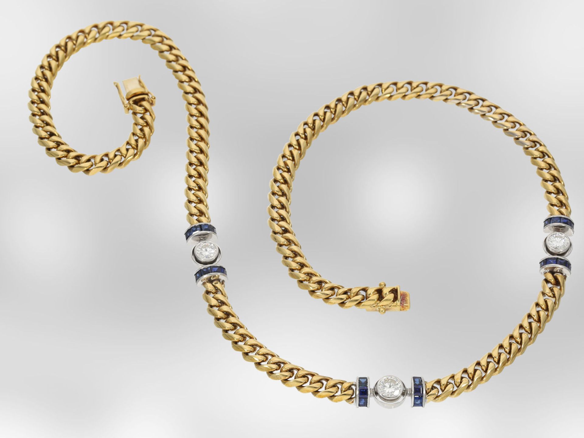 Collier: attraktives massives Panzercollier mit Brillanten und Saphiren, insgesamt ca. 4,06ct, 18K