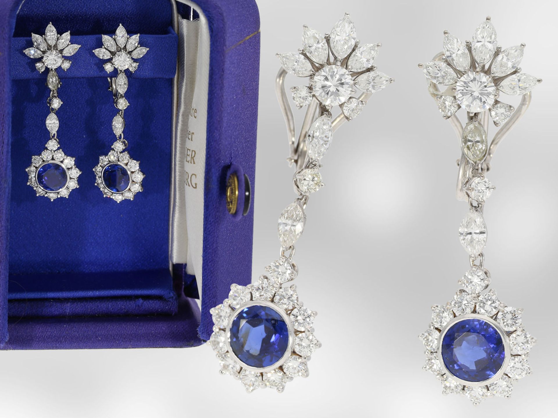 Ohrschmuck: äußerst exklusive und wertvolle Saphir-/Diamantohrclips von Hofjuwelier Roesner,