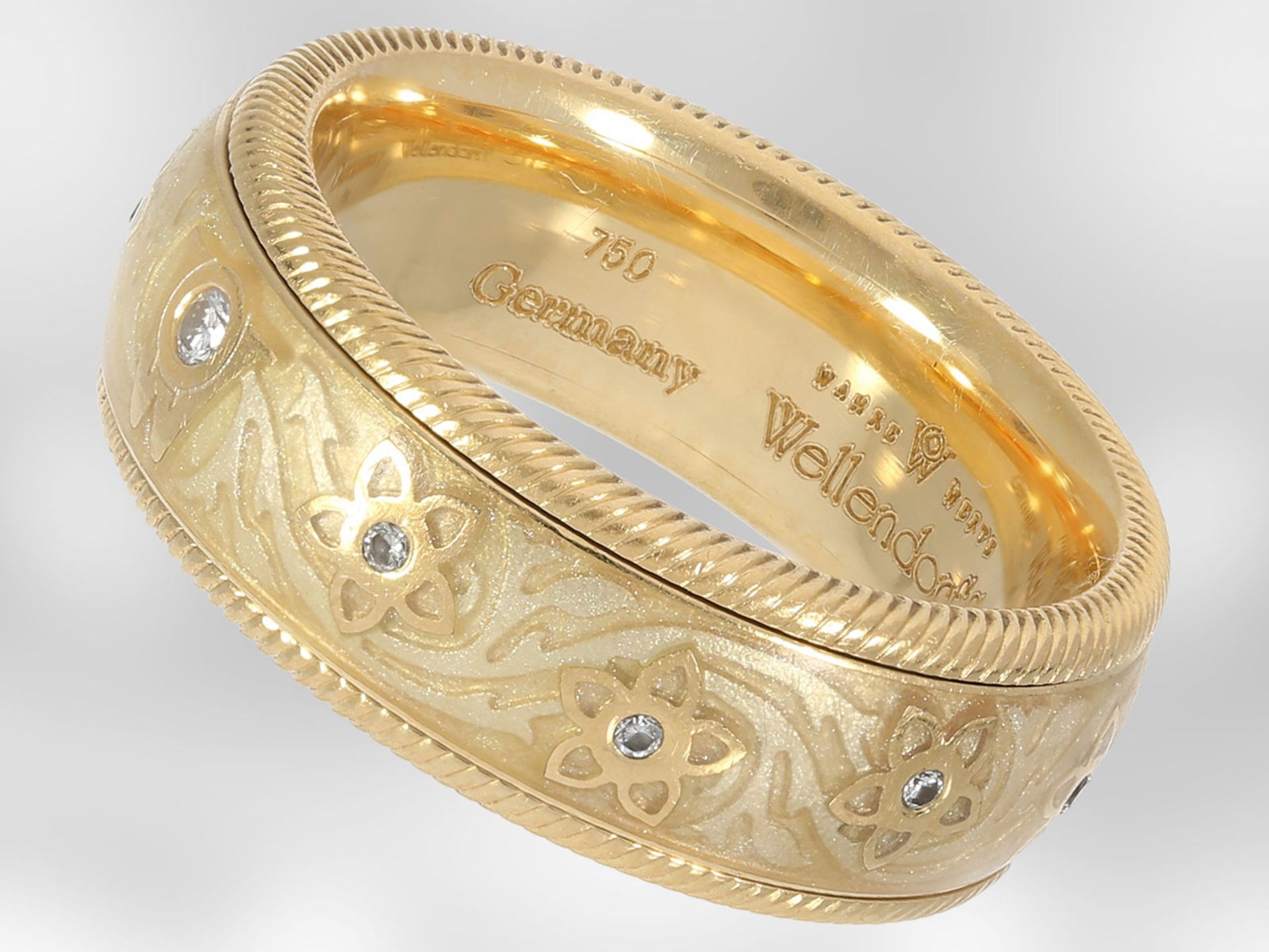 Ring: hochfeiner Wellendorff Gold/Emaille-Ring "Seidenschimmer" mit Brillanten, 18K Gelbgold