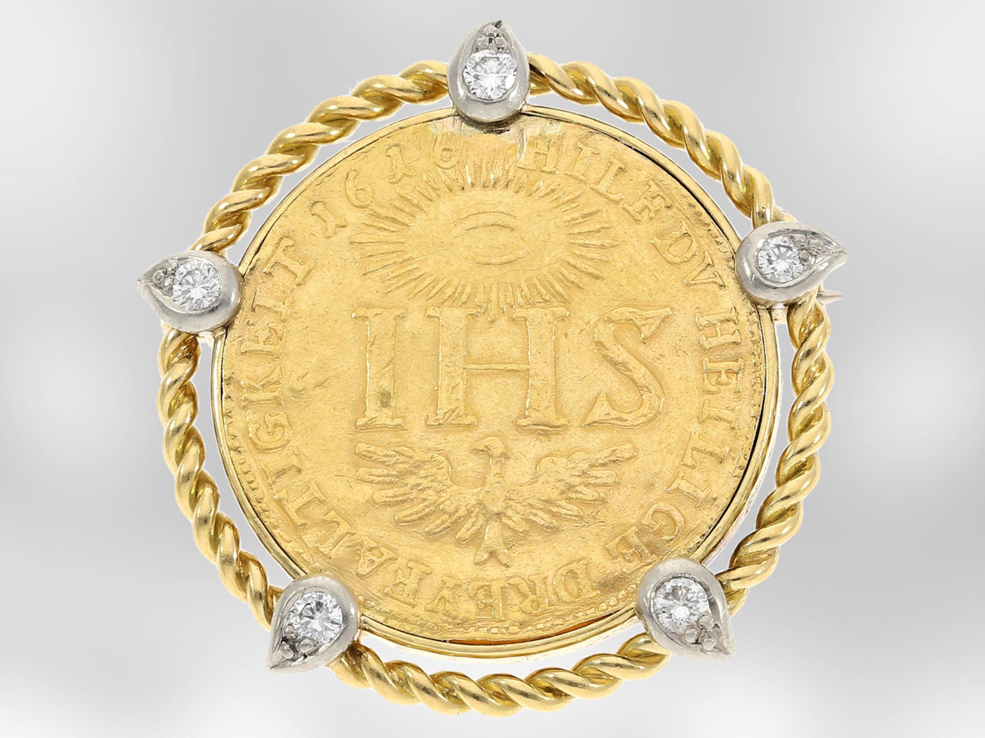 Brosche: Gelbgoldbrosche mit Münze "Sophiendukat" und Brillanten, 18K und Feingold