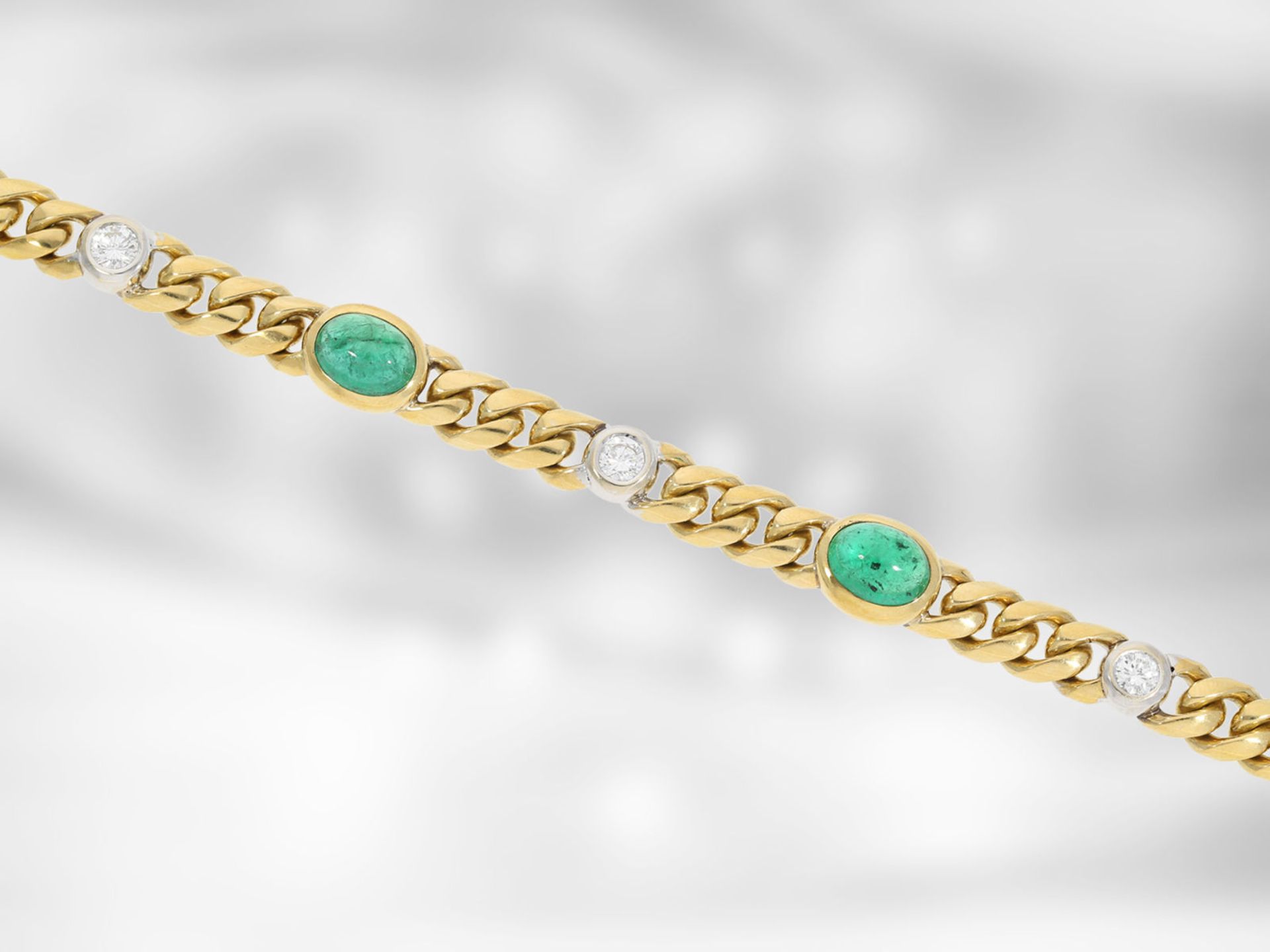 Armband: sehr hochwertiges vintage Panzerarmband mit Smaragd-Cabochons und Brillanten schöner