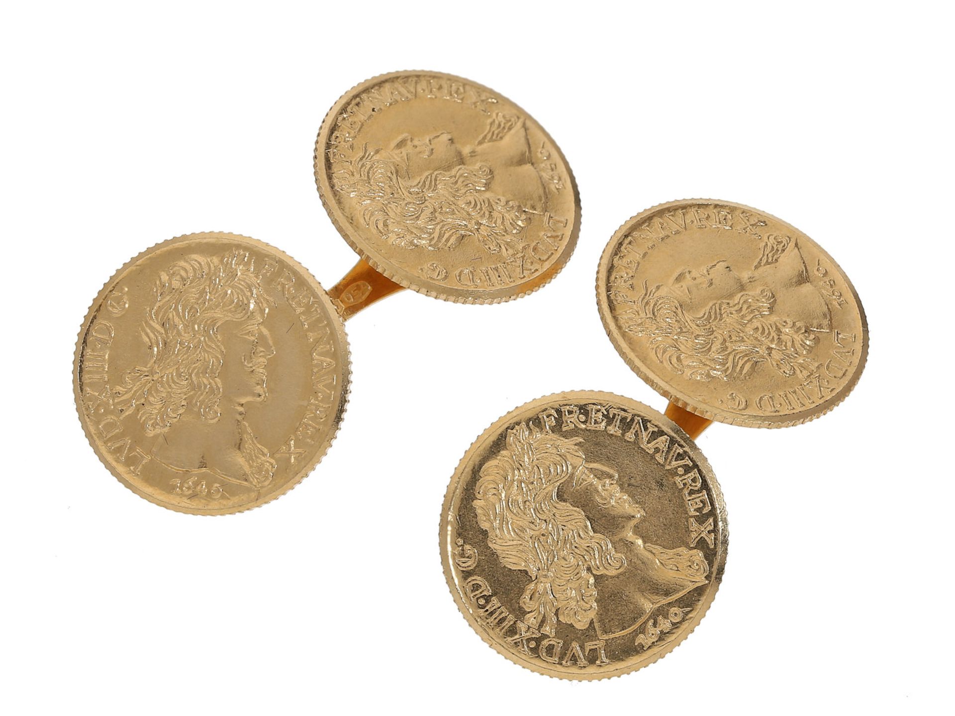 Manschettenknöpfe: 1 Paar goldene vintage Manschettenknöpfe mit Münzmotiv, 18K Roségold
