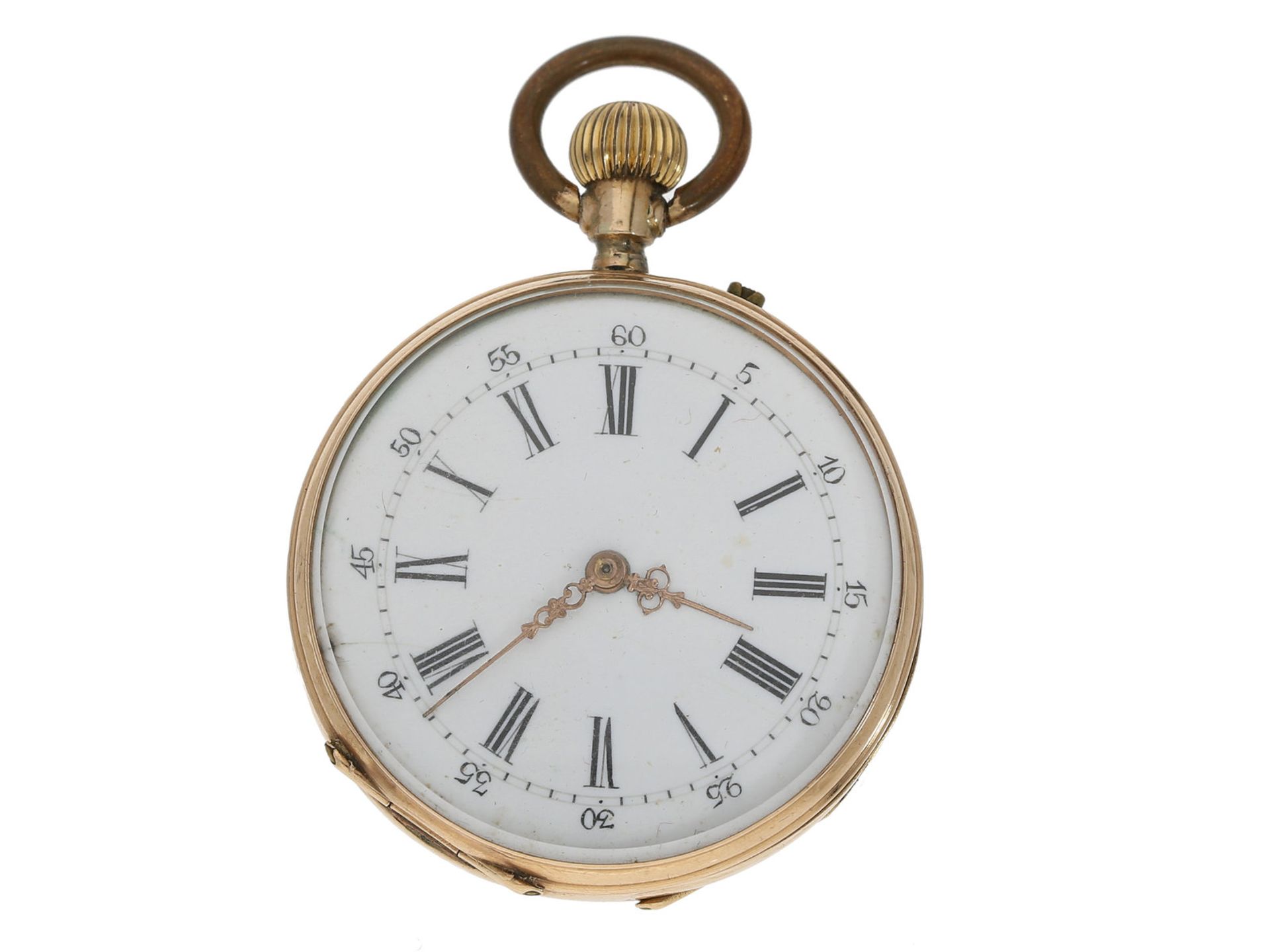 Taschenuhr: goldene Damentaschenuhr, um 1900, mit rotgoldener Uhrenkette