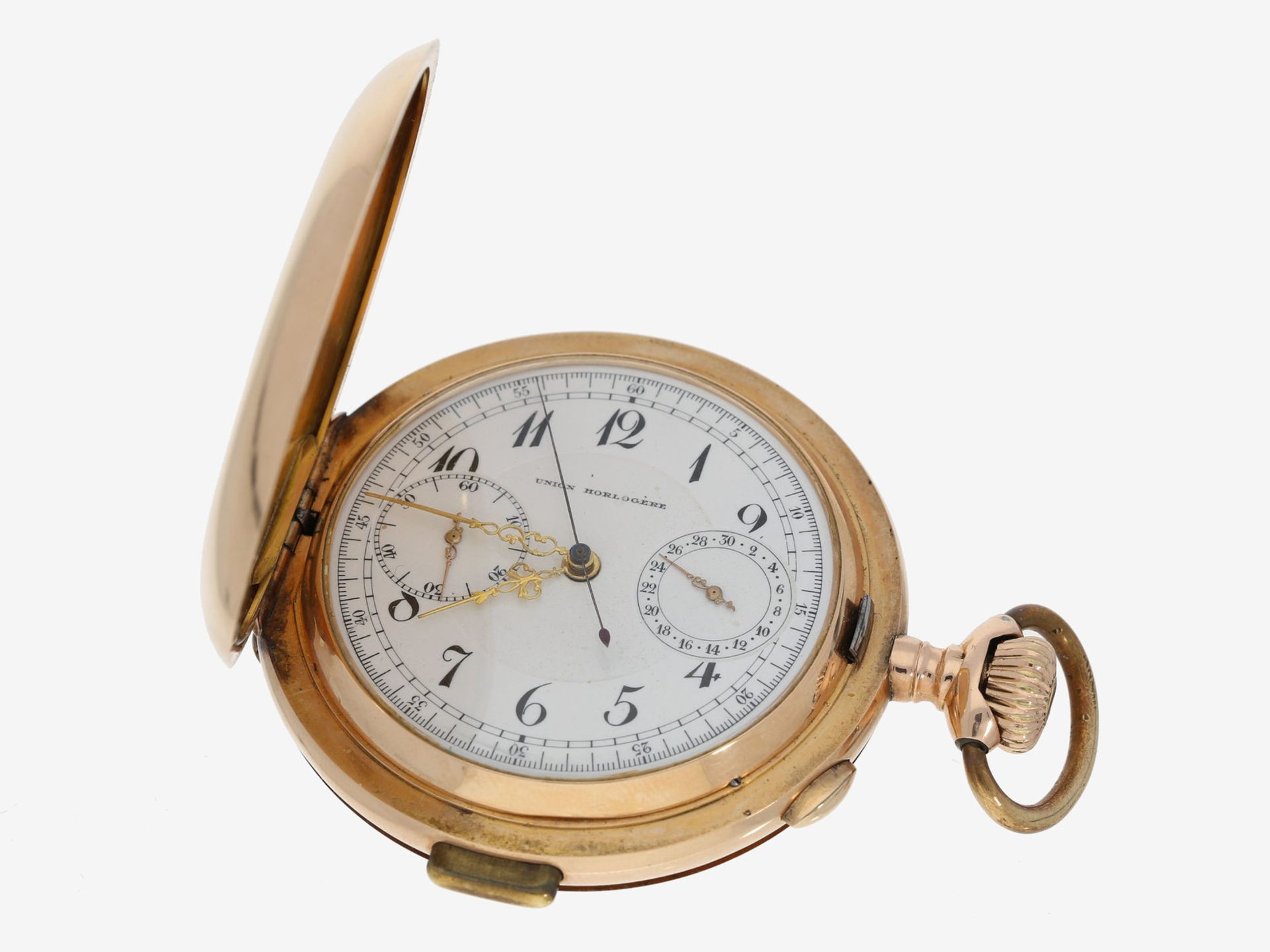 Taschenuhr: schwere, hochfeine rotgoldene Savonnette mit 3 Komplikationen, Repetition, Chronograph