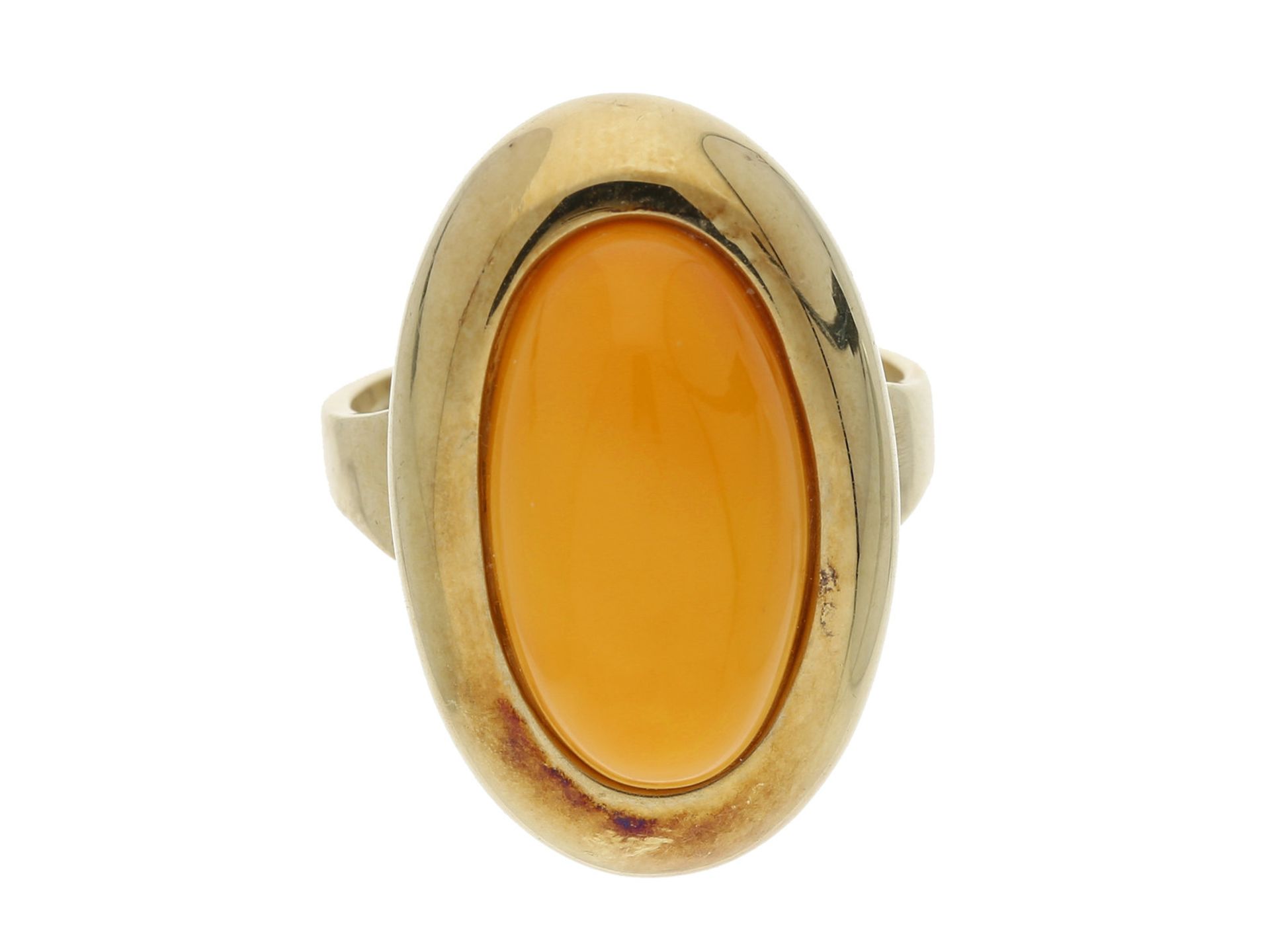 Ring: solider vintage Ring mit sehr schönem Bernstein-Cabochon "Butterscotch", 14K Gelbgold