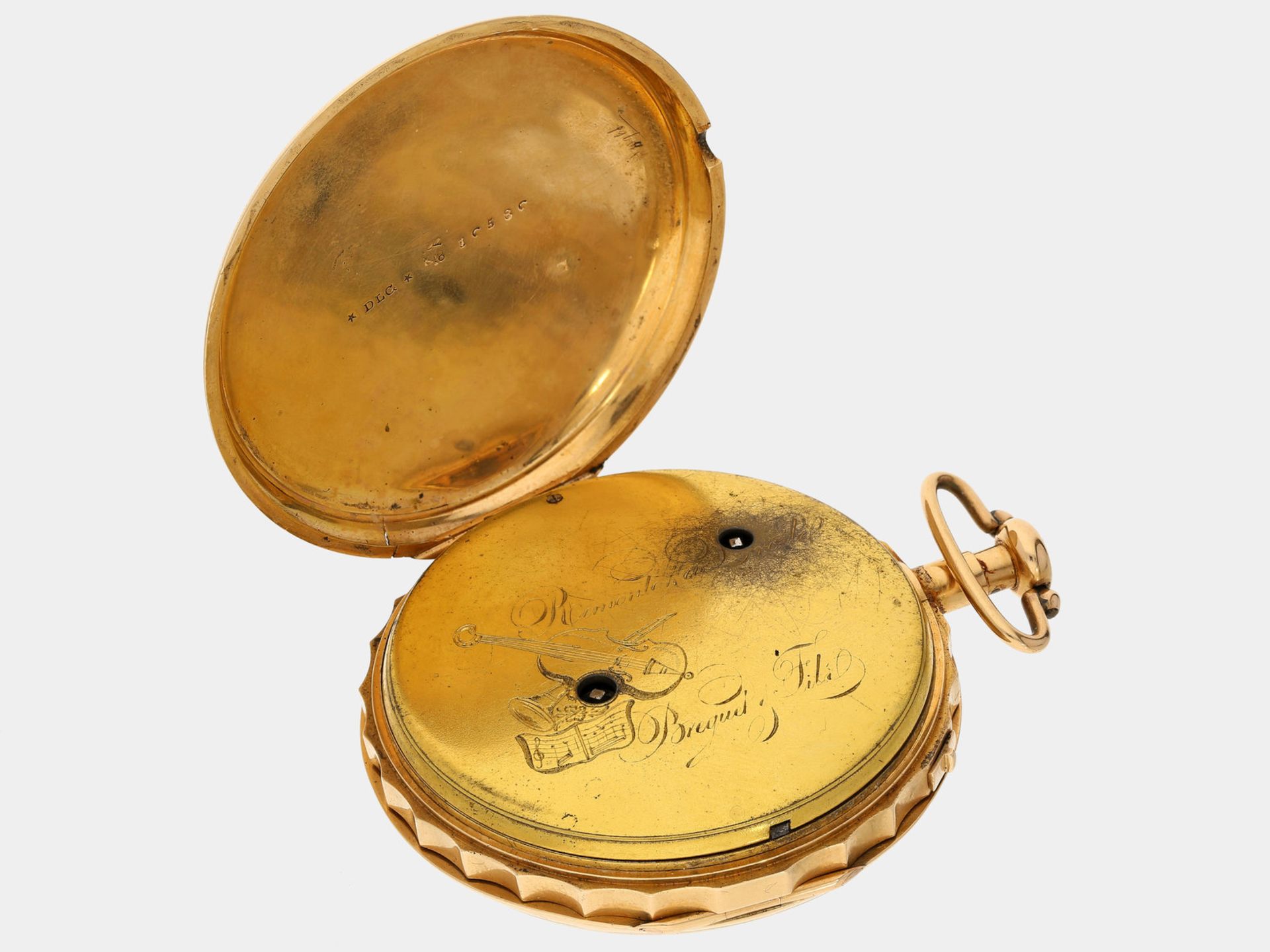 Taschenuhr: schwere 18K Gold Taschenuhr mit Schlagwerk und Musikspielwerk, signiert Breguet & Fils - Image 3 of 4