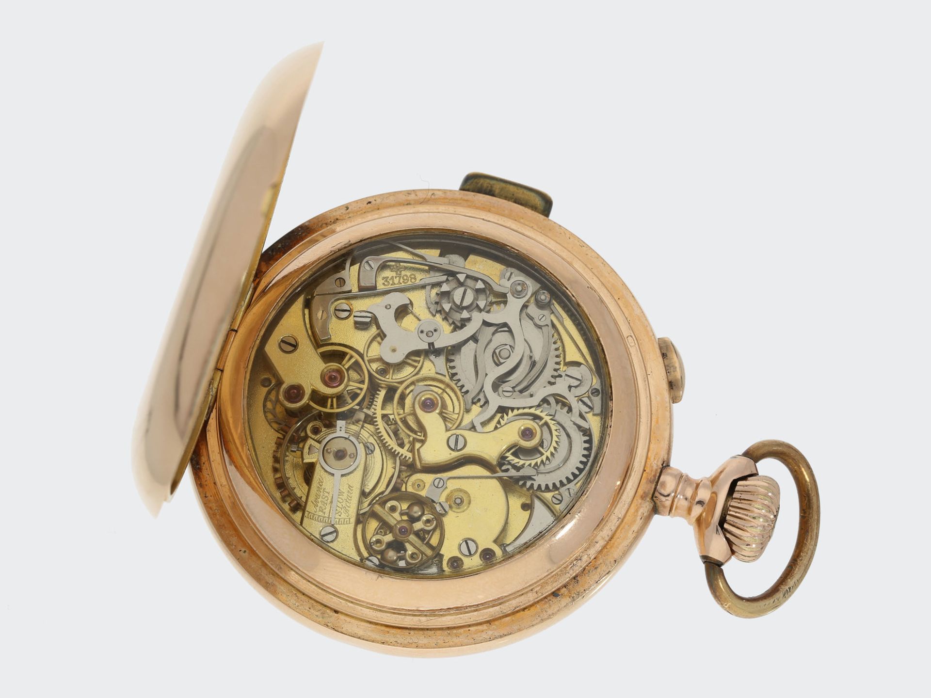 Taschenuhr: schwere, hochfeine rotgoldene Savonnette mit 3 Komplikationen, Repetition, Chronograph - Image 3 of 3