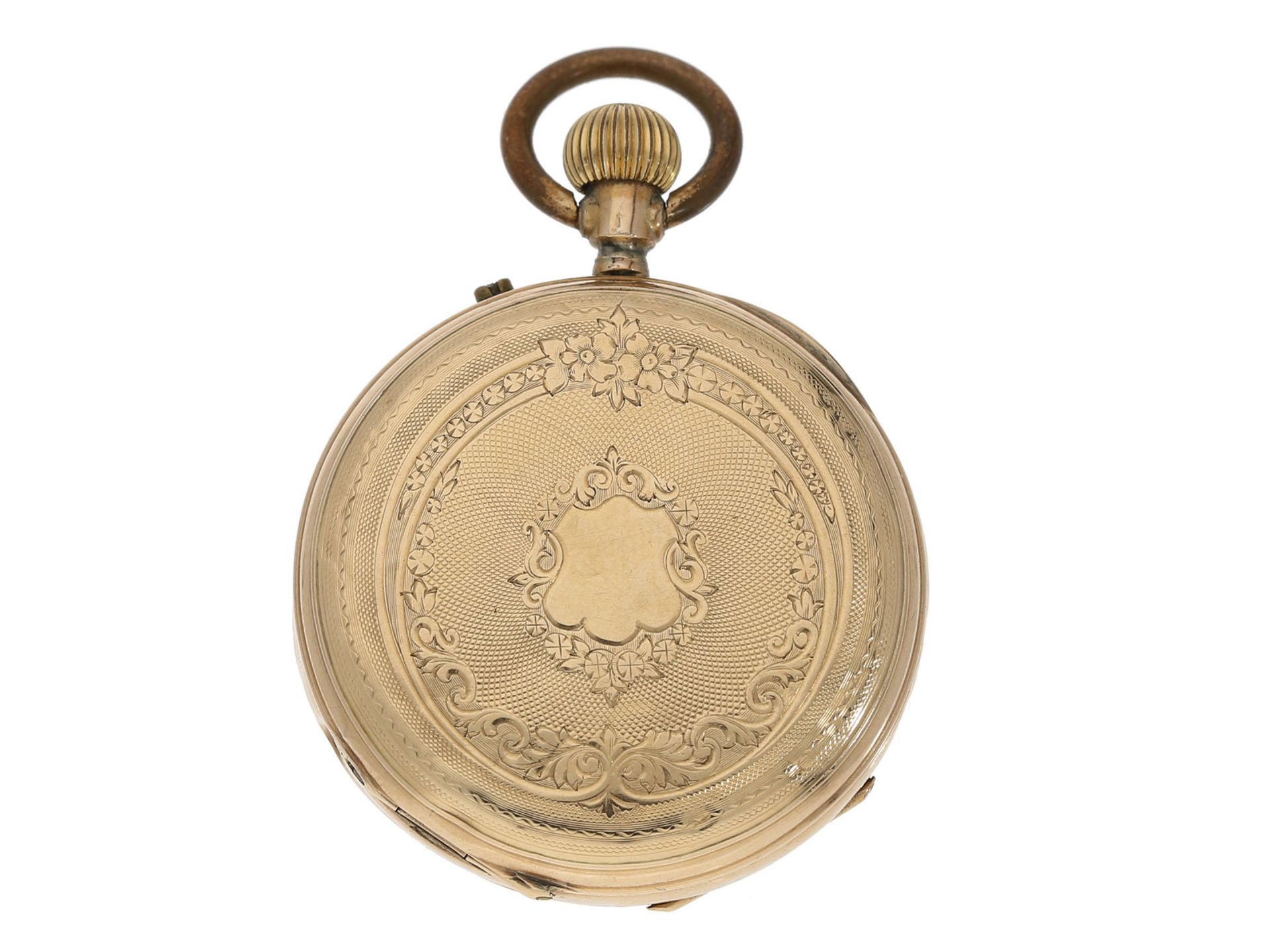 Taschenuhr: goldene Damentaschenuhr, um 1900, mit rotgoldener Uhrenkette - Image 2 of 5