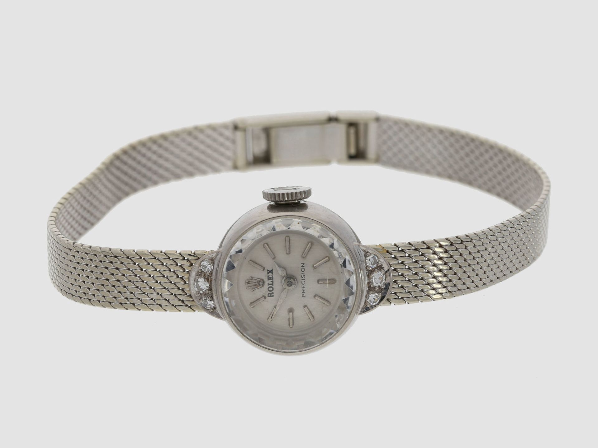 Armbanduhr: seltene, elegante vintage Rolex "Precision" Damenuhr, 18K Weißgold mit Diamantbesatz, um
